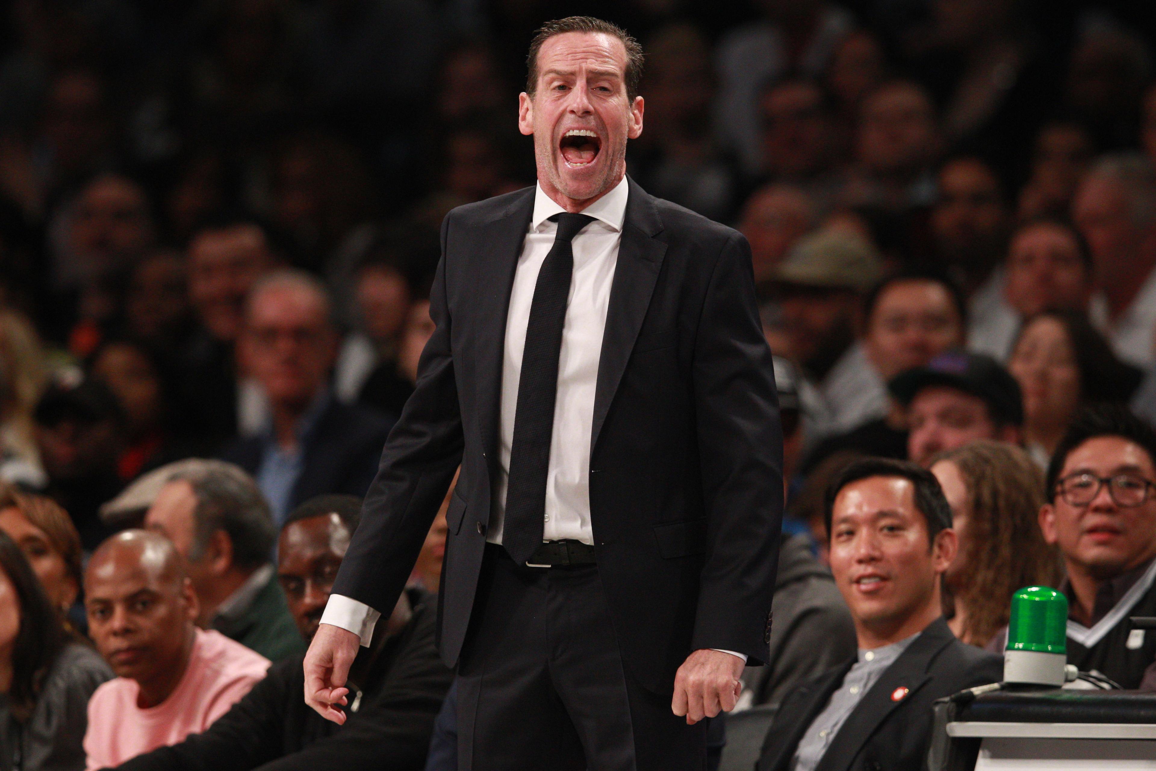 Oct 25, 2019; Brooklyn, NY, USA; Brooklyn Nets head coach Kenny Atkinson coaches against the New York Knicks during the first quarter at Barclays Center. Mandatory Credit: Brad Penner-USA TODAY Sports