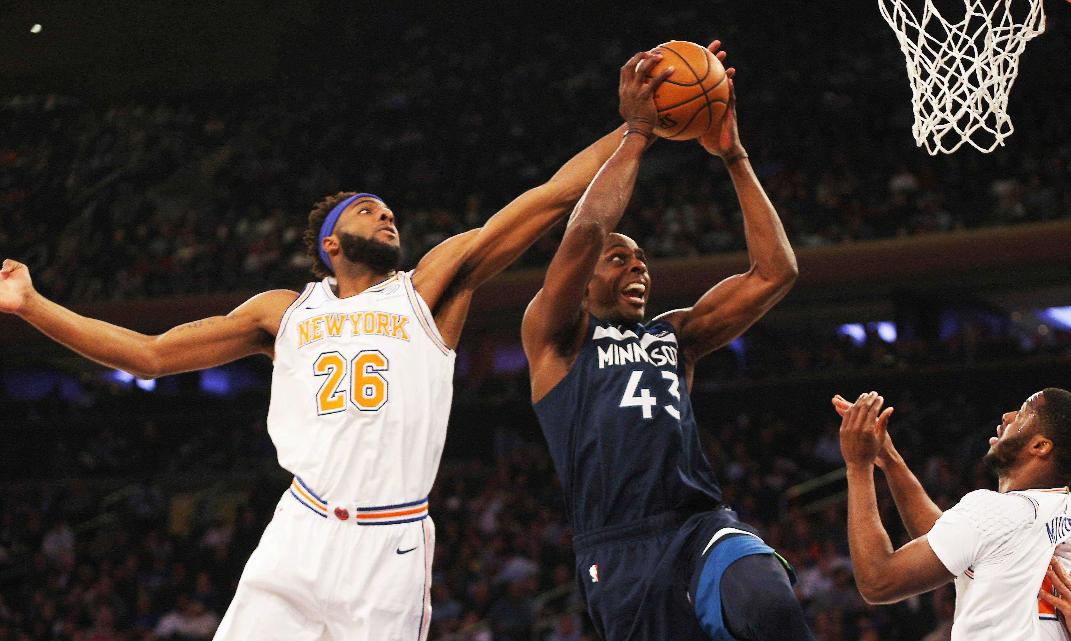 Feb 22, 2019; New York, NY, USA; Minnesota Timberwolves forward Anthony Tolliver (43) has his shot blocked by New York Knicks center Mitchell Robinson (26) during the first half at Madison Square Garden. Mandatory Credit: Andy Marlin-USA TODAY Sports / Andy Marlin