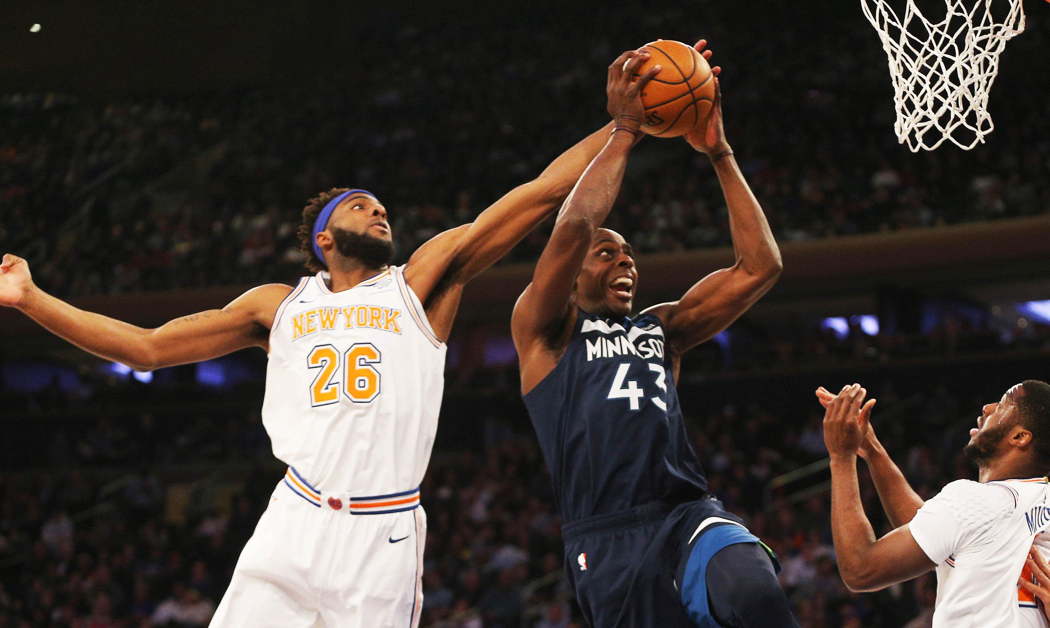 Feb 22, 2019; New York, NY, USA; Minnesota Timberwolves forward Anthony Tolliver (43) has his shot blocked by New York Knicks center Mitchell Robinson (26) during the first half at Madison Square Garden. Mandatory Credit: Andy Marlin-USA TODAY Sports