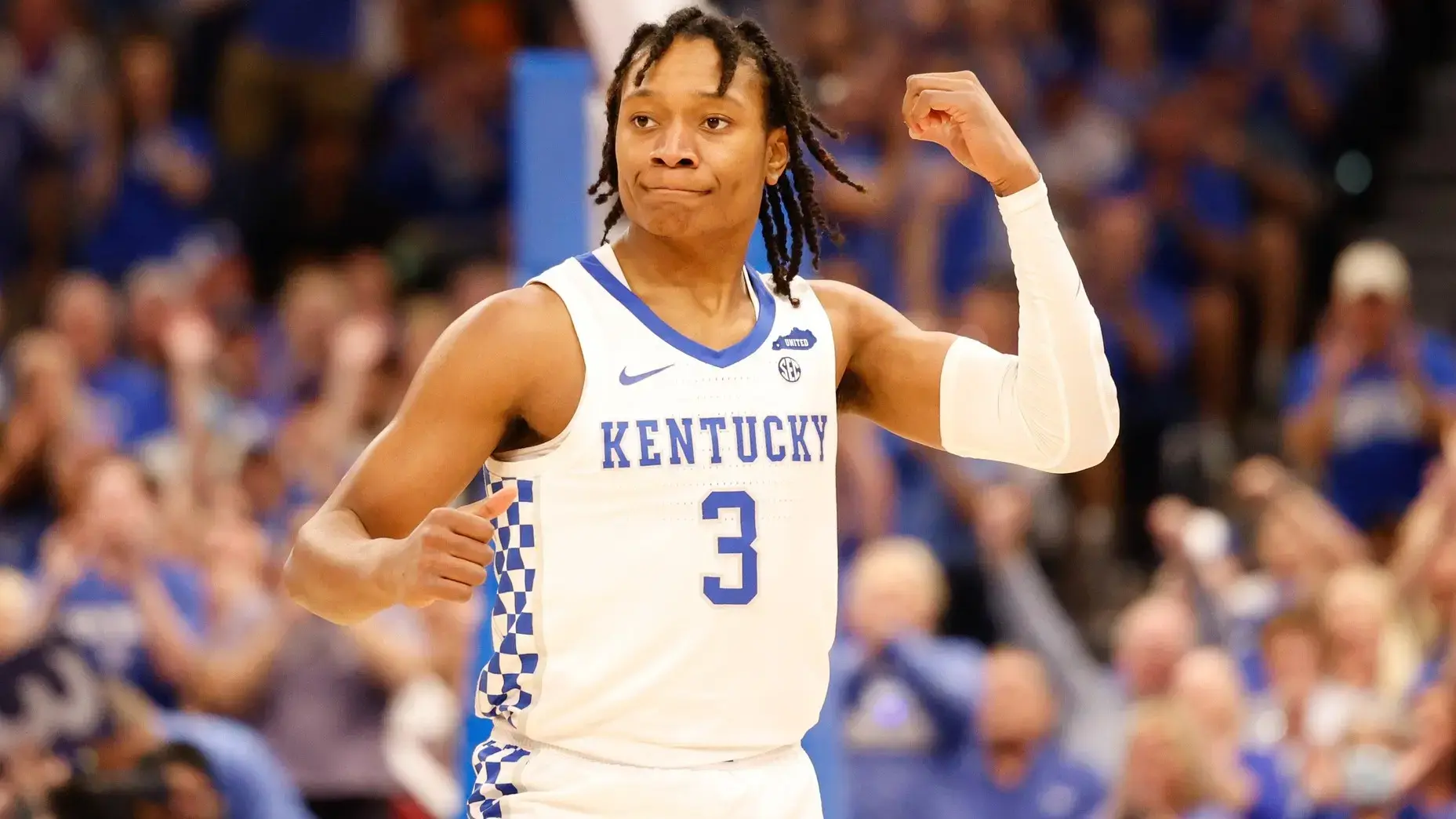 Mar 11, 2022; Tampa, FL, USA; Kentucky Wildcats guard TyTy Washington Jr. (3) reacts to a play in the first half during game against the Vanderbilt Commodores at Amelie Arena. / Nathan Ray Seebeck-USA TODAY Sports