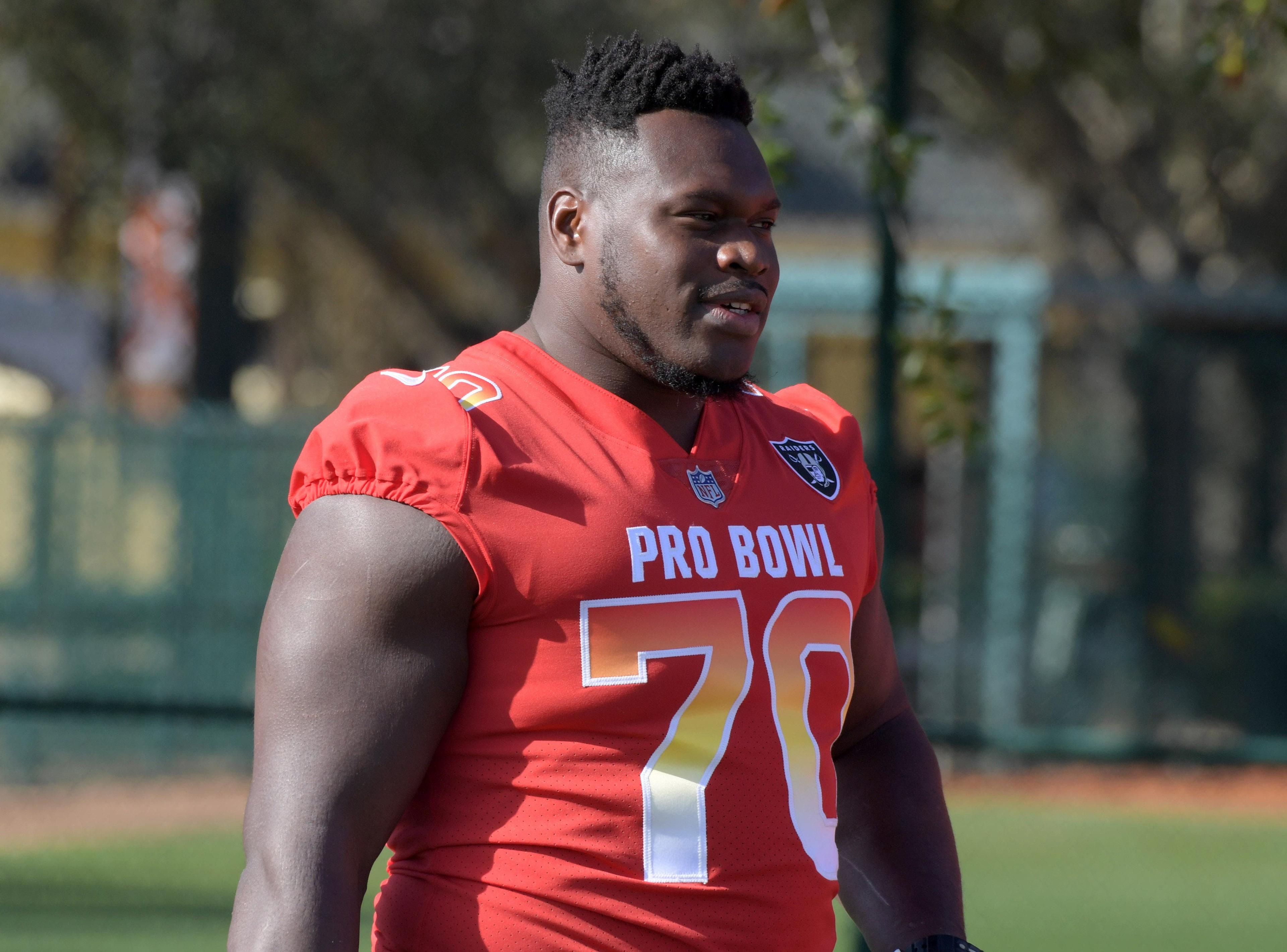 Jan 26, 2018; Kissimmee, FL, USA; Oakland Raiders guard Kelechi Osemele (70) during AFC practice for the 2018 Pro Bowl at ESPN Wide World of Sports. Mandatory Credit: Kirby Lee-USA TODAY Sports / Kirby Lee