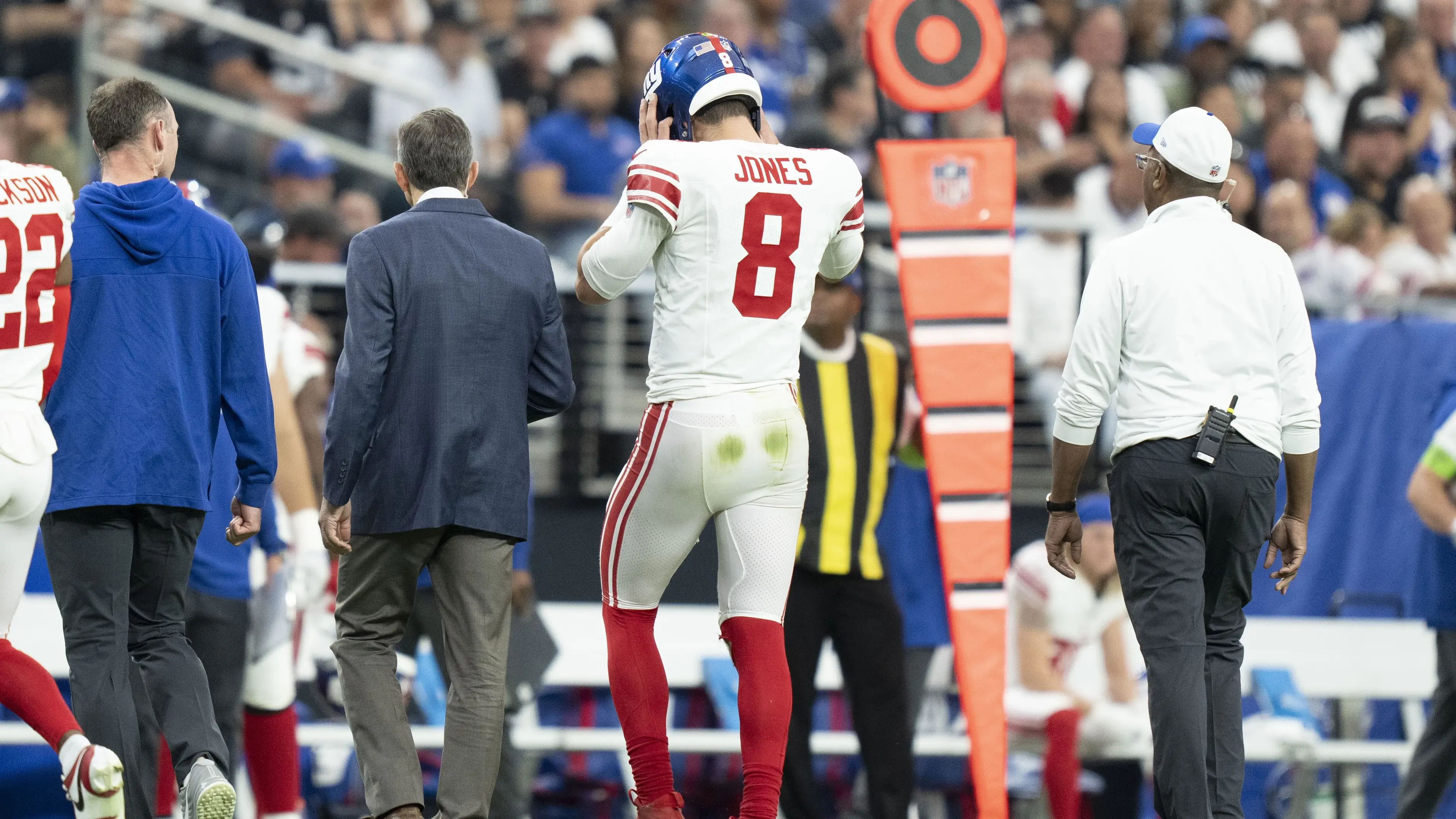 November 5, 2023; Paradise, Nevada, USA; New York Giants quarterback Daniel Jones (8) walks to the sideline after an injury against the Las Vegas Raiders during the second quarter at Allegiant Stadium. Mandatory Credit: Kyle Terada-USA TODAY Sports / © Kyle Terada-USA TODAY Sports