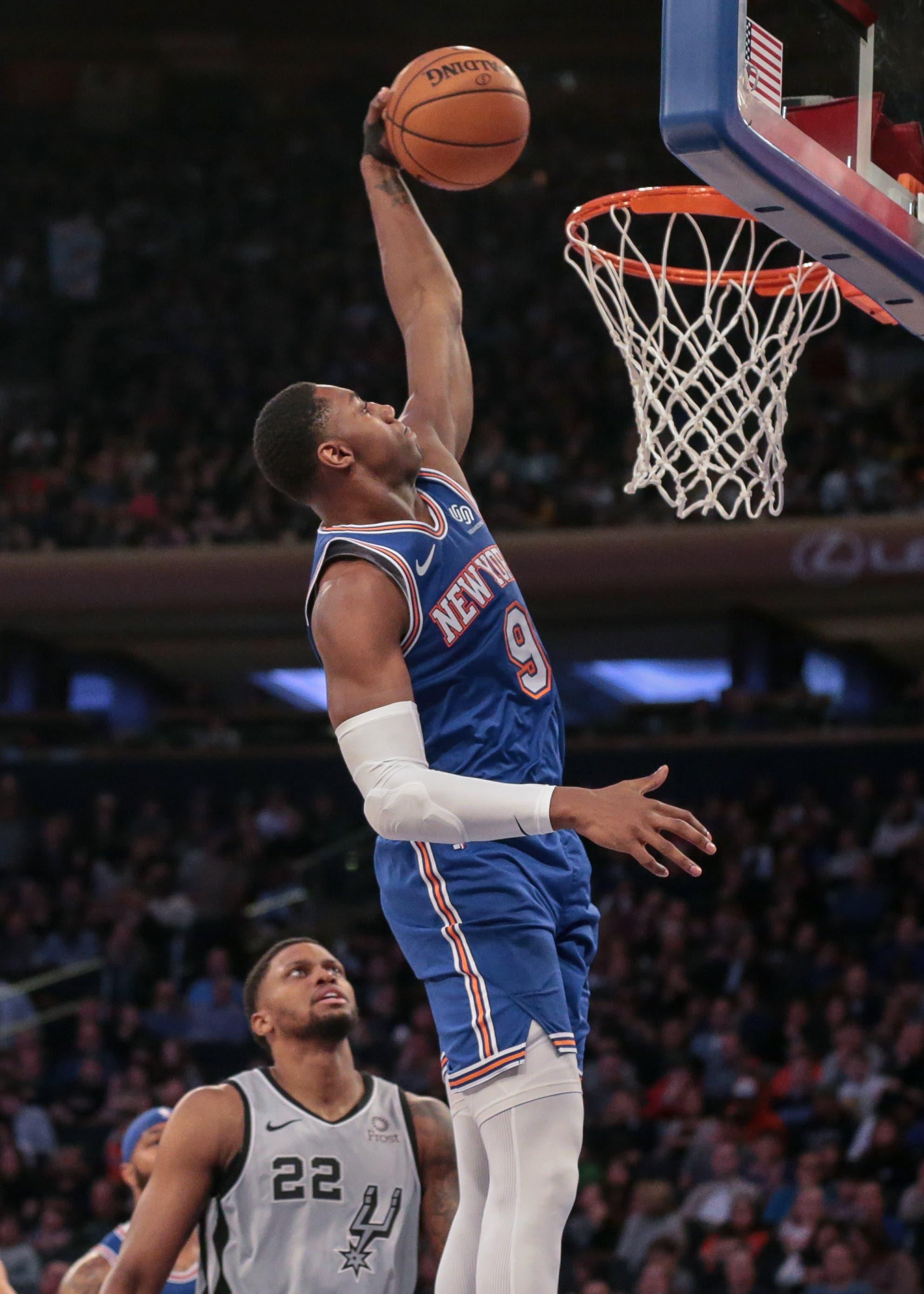 Nov 23, 2019; New York, NY, USA; New York Knicks forward RJ Barrett (9) dunks the ball in front of San Antonio Spurs forward Rudy Gay (22) during the second quarter at Madison Square Garden. Mandatory Credit: Vincent Carchietta-USA TODAY Sports / Vincent Carchietta