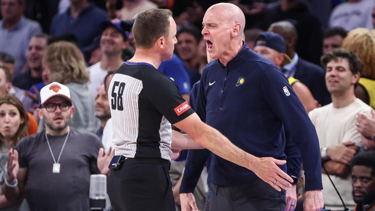 May 8, 2024; New York, New York, USA; Indiana Pacers head coach Rick Carlisle argues with an official in the fourth quarter against the New York Knicks during game two of the second round for the 2024 NBA playoffs at Madison Square Garden. / Wendell Cruz-USA TODAY Sports