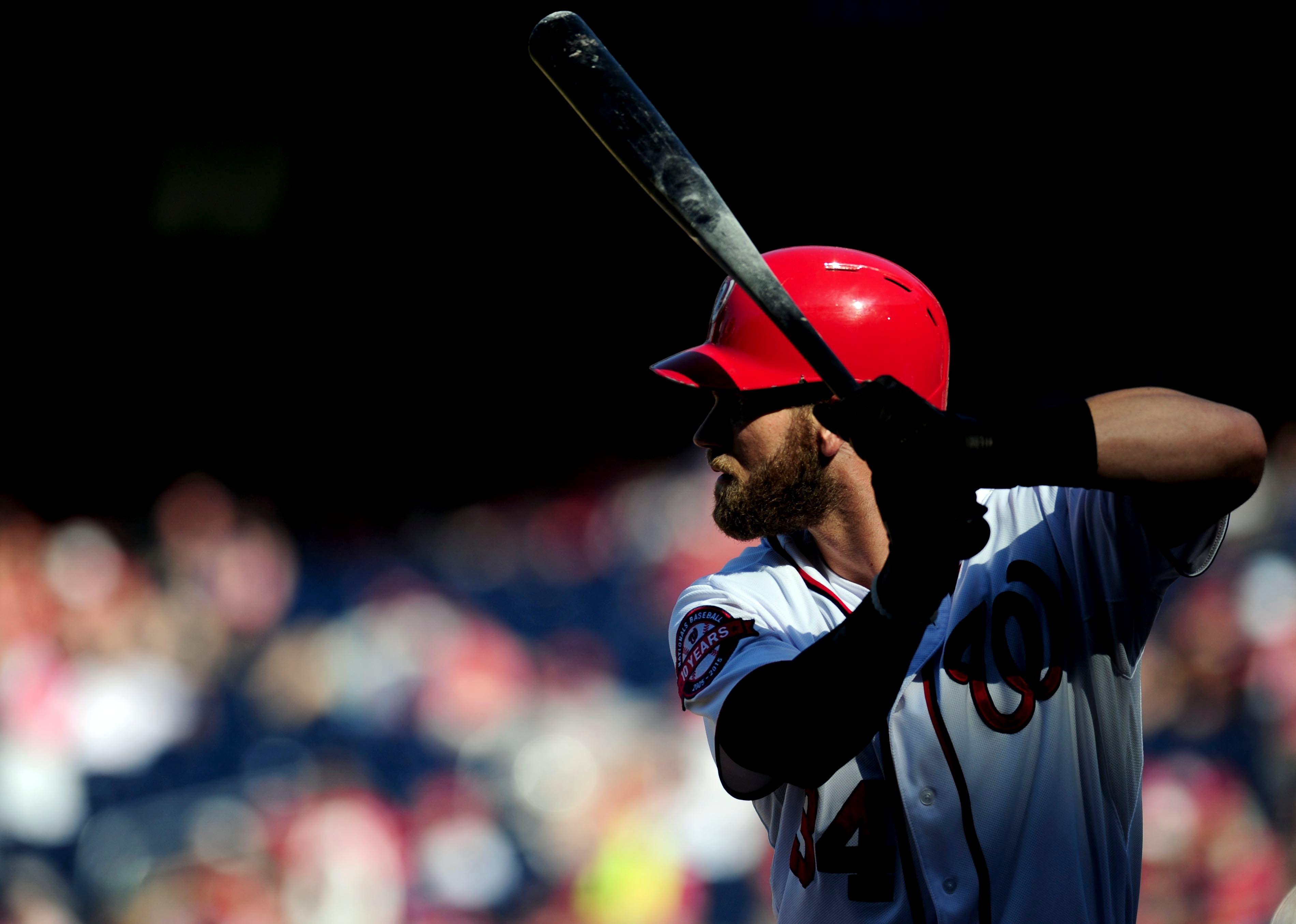 Sep 7, 2015; Washington, DC, USA; Washington Nationals outfielder Bryce Harper (34) prepares to bat in the ninth inning against the New York Mets at Nationals Park. Mandatory Credit: Evan Habeeb-USA TODAY Sports / Evan Habeeb