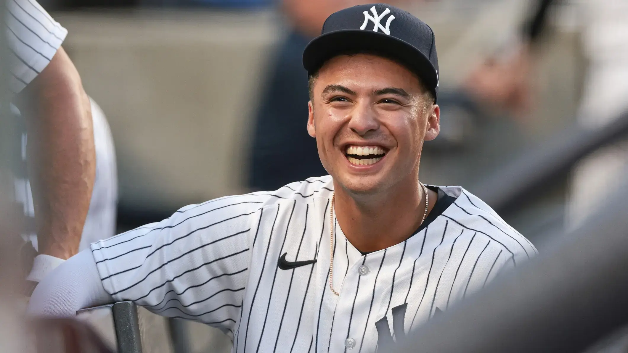 Apr 4, 2023; Bronx, New York, USA; New York Yankees shortstop Anthony Volpe (11) in the dugout before the game against the Philadelphia Phillies at Yankee Stadium. / Vincent Carchietta-USA TODAY Sports