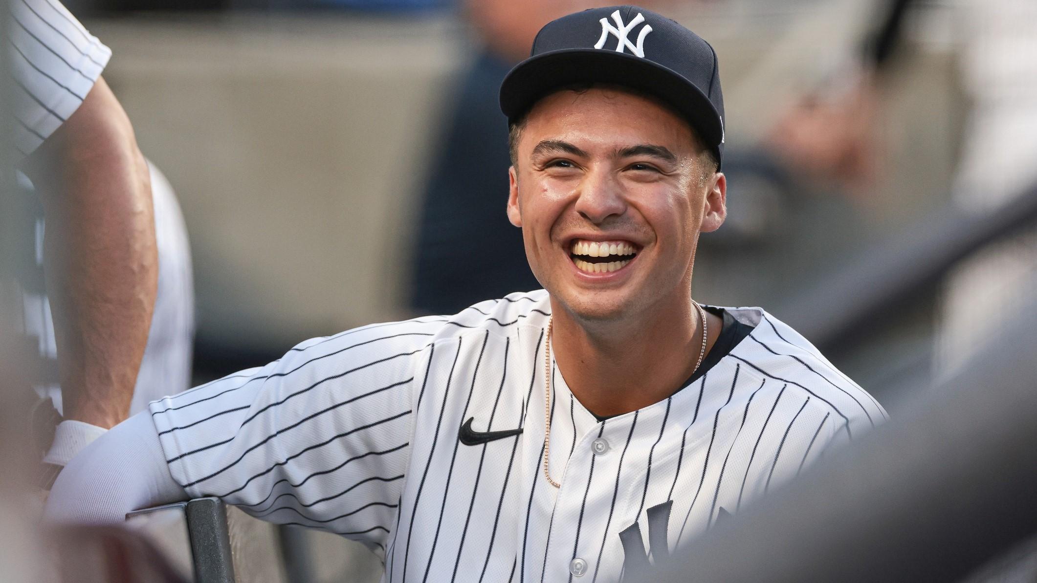 Apr 4, 2023; Bronx, New York, USA; New York Yankees shortstop Anthony Volpe (11) in the dugout before the game against the Philadelphia Phillies at Yankee Stadium. / Vincent Carchietta-USA TODAY Sports