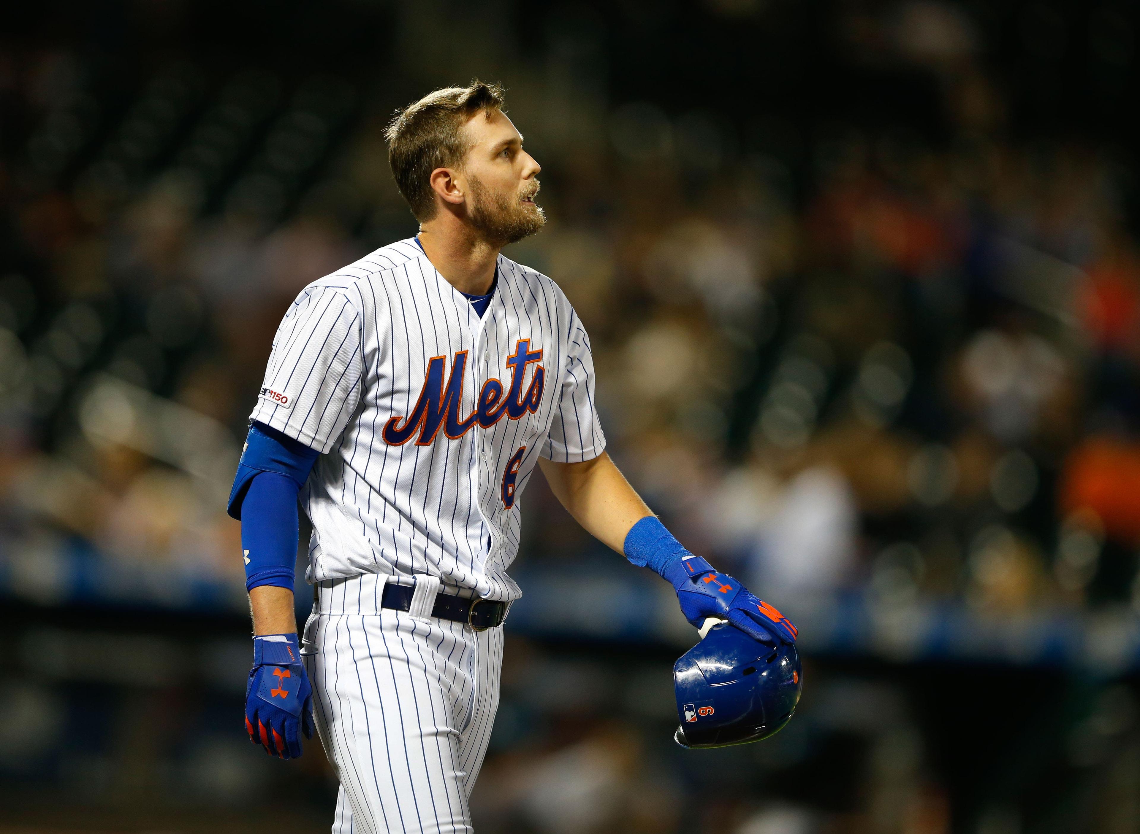 Sep 25, 2019; New York City, NY, USA; New York Mets left fielder Jeff McNeil (6) reacts after being hit by a pitch in the sixth inning against the Miami Marlins at Citi Field. Mandatory Credit: Noah K. Murray-USA TODAY Sports / Noah K. Murray