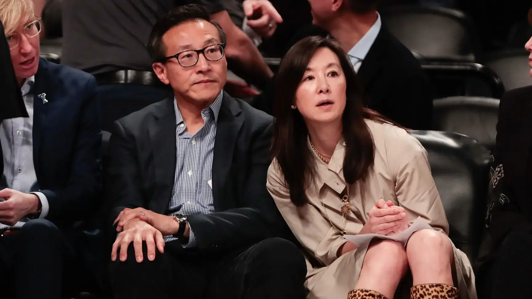 May 9, 2019; New York City, NY, USA; Taiwanese businessman Joe Tsai (left) looks on during the second half of the preseason WNBA game between the New York Liberty and the China National Team at Barclays Center / Vincent Carchietta-USA TODAY Sports