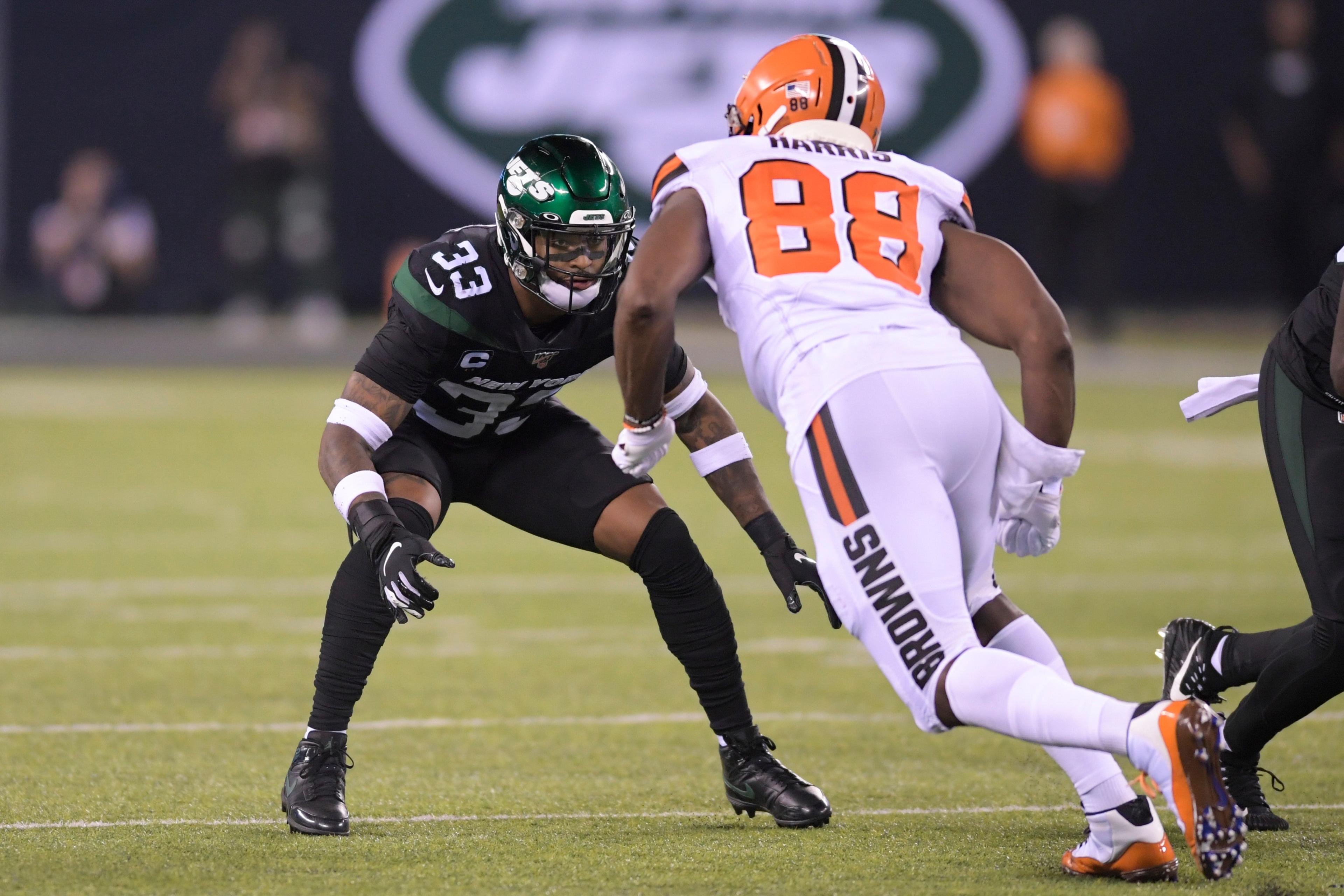 New York Jets' Jamal Adams (33) defends Cleveland Browns' Demetrius Harris (88) during the second half of an NFL football game Monday, Sept. 16, 2019, in East Rutherford, N.J. (AP Photo/Bill Kostroun)