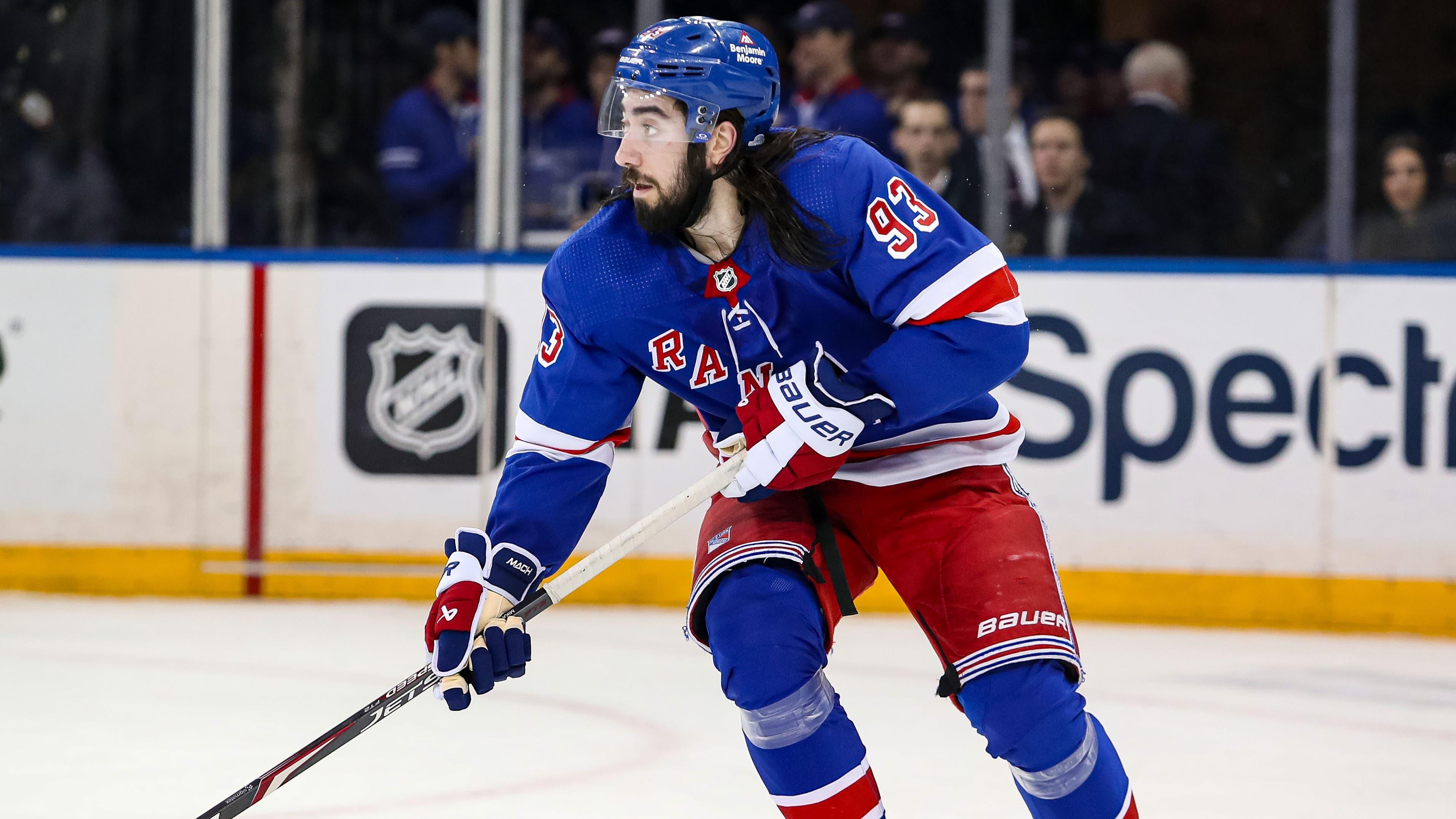 New York Rangers center Mika Zibanejad (93) skates with the puck against the Carolina Hurricanes during the second period at Madison Square Garden / Danny Wild - Imagn Images