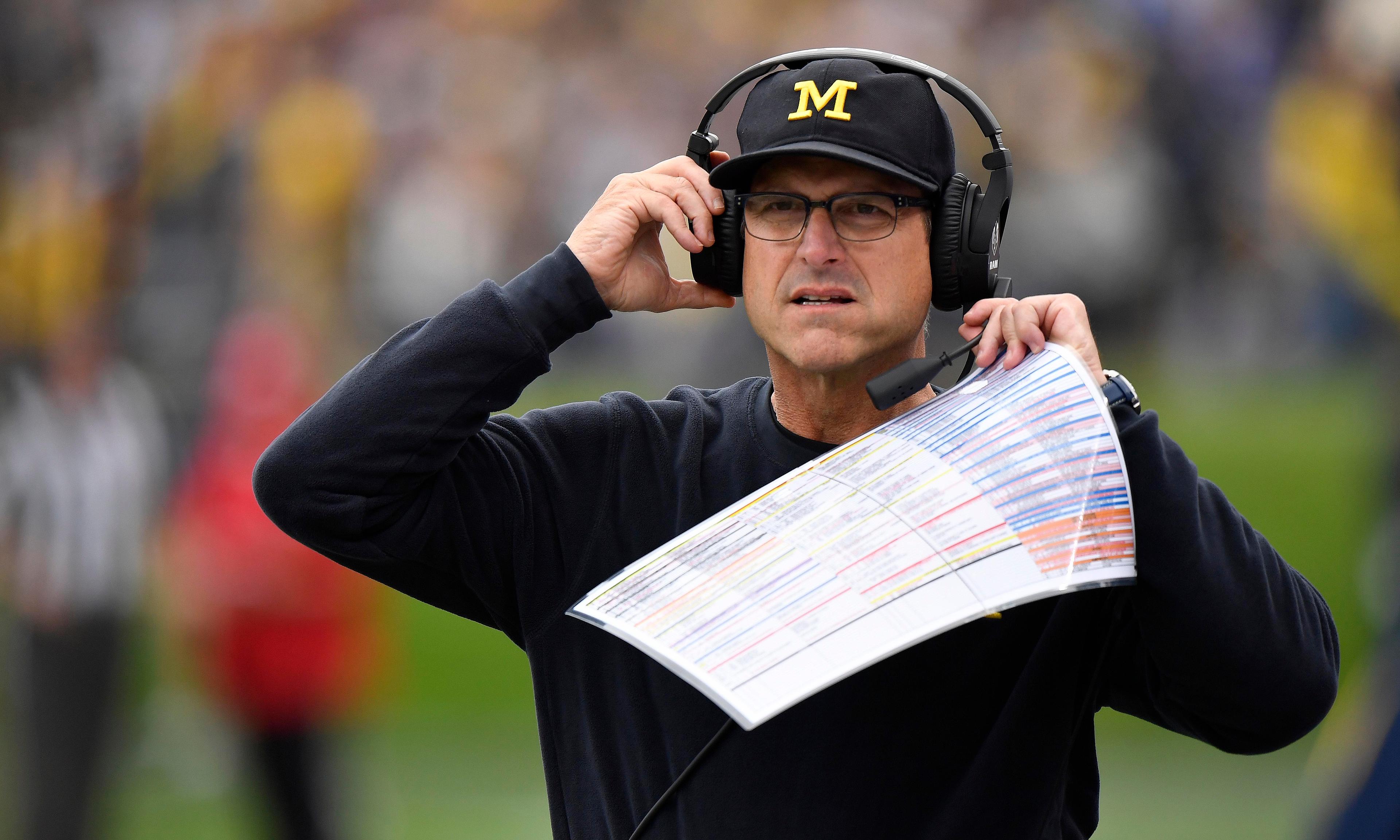 Sep 29, 2018; Evanston, IL, USA; Michigan Wolverines head coach head coach Jim Harbaugh during the game against the Northwestern Wildcats at Ryan Field. Mandatory Credit: Quinn Harris-USA TODAY Sports