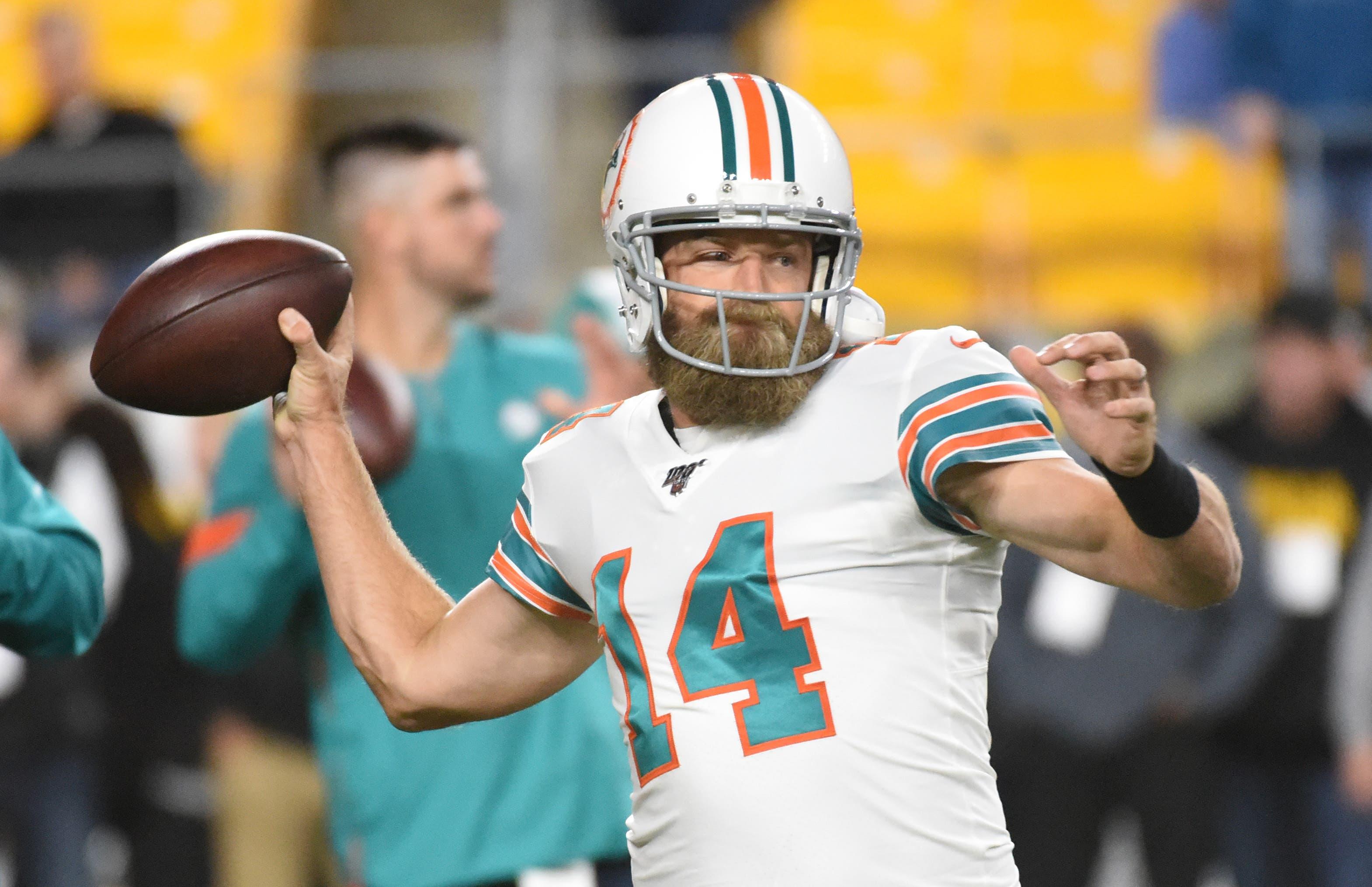 Oct 28, 2019; Pittsburgh, PA, USA; Miami Dolphins quarterback Ryan Fitzpatrick (14) warms up before playing the Pittsburgh Steelers at Heinz Field. Mandatory Credit: Philip G. Pavely-USA TODAY Sports / Philip G. Pavely