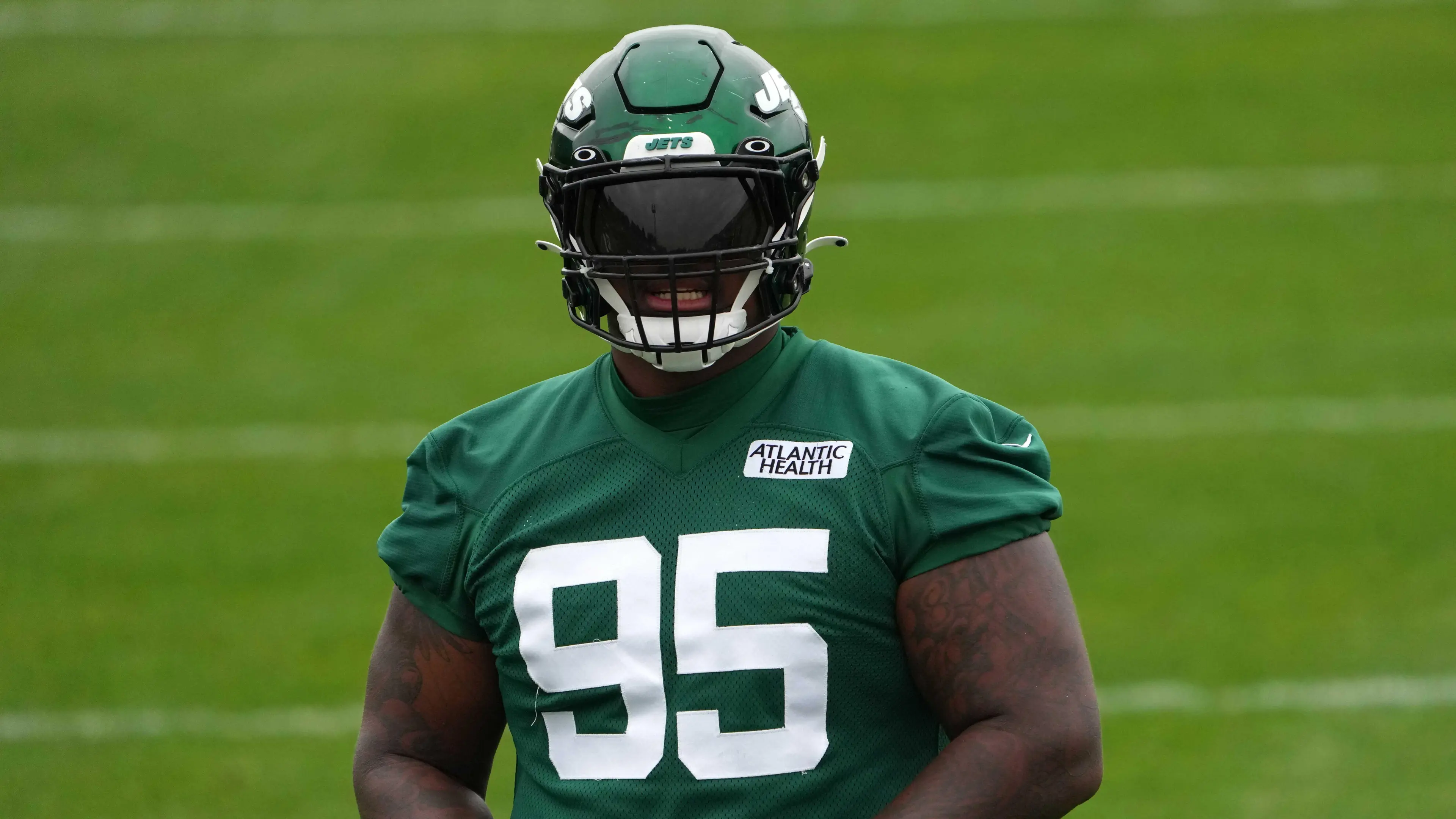 New York Jets defensive tackle Quinnen Williams (95) during a practice at the Manor Marriott Hotel and Country Club. / Kirby Lee-USA TODAY Sports