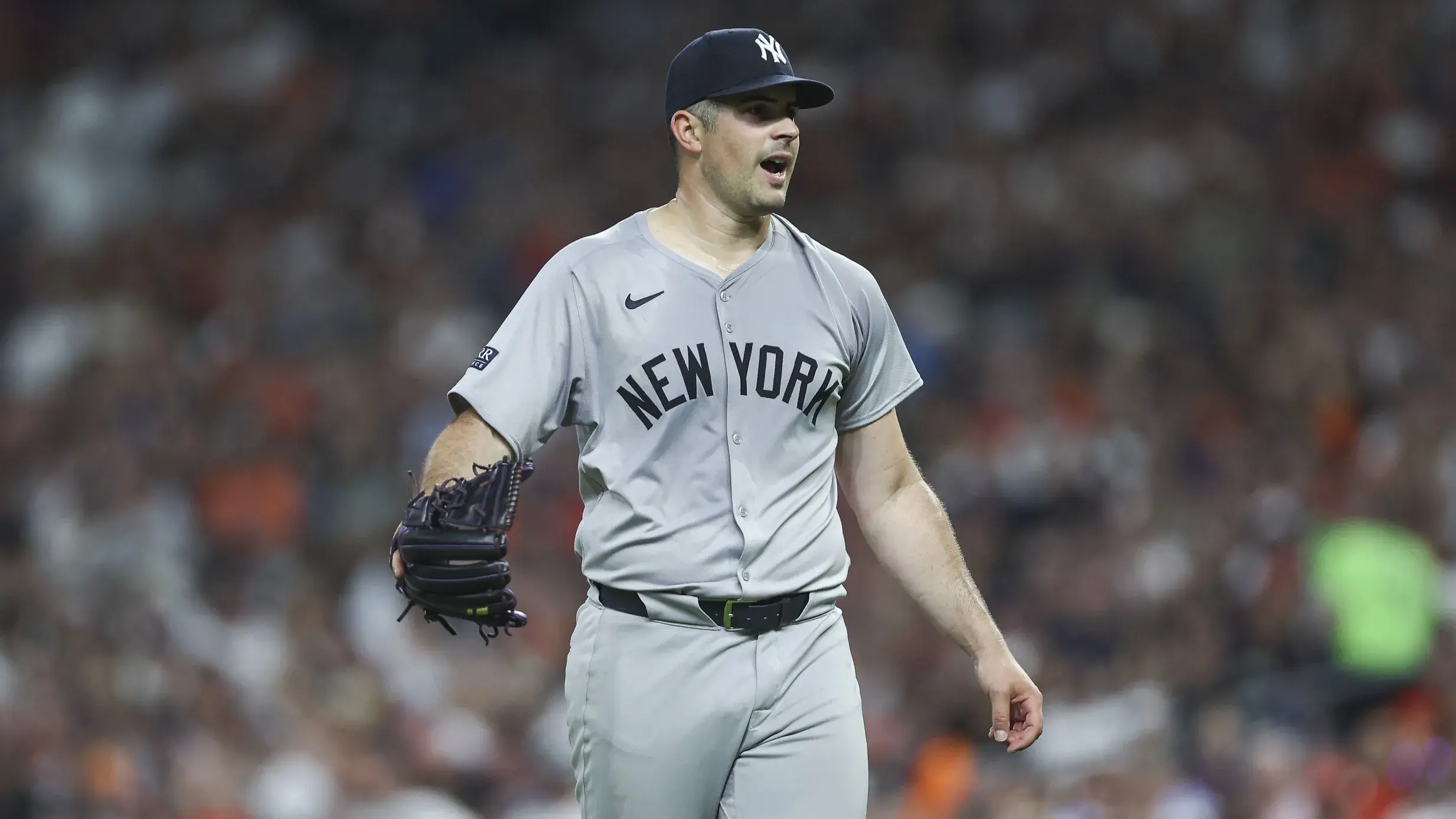Mar 29, 2024; Houston, Texas, USA; New York Yankees starting pitcher Carlos Rodon (55) reacts after issuing a walk during the second inning against the Houston Astros at Minute Maid Park. / Troy Taormina-USA TODAY Sports