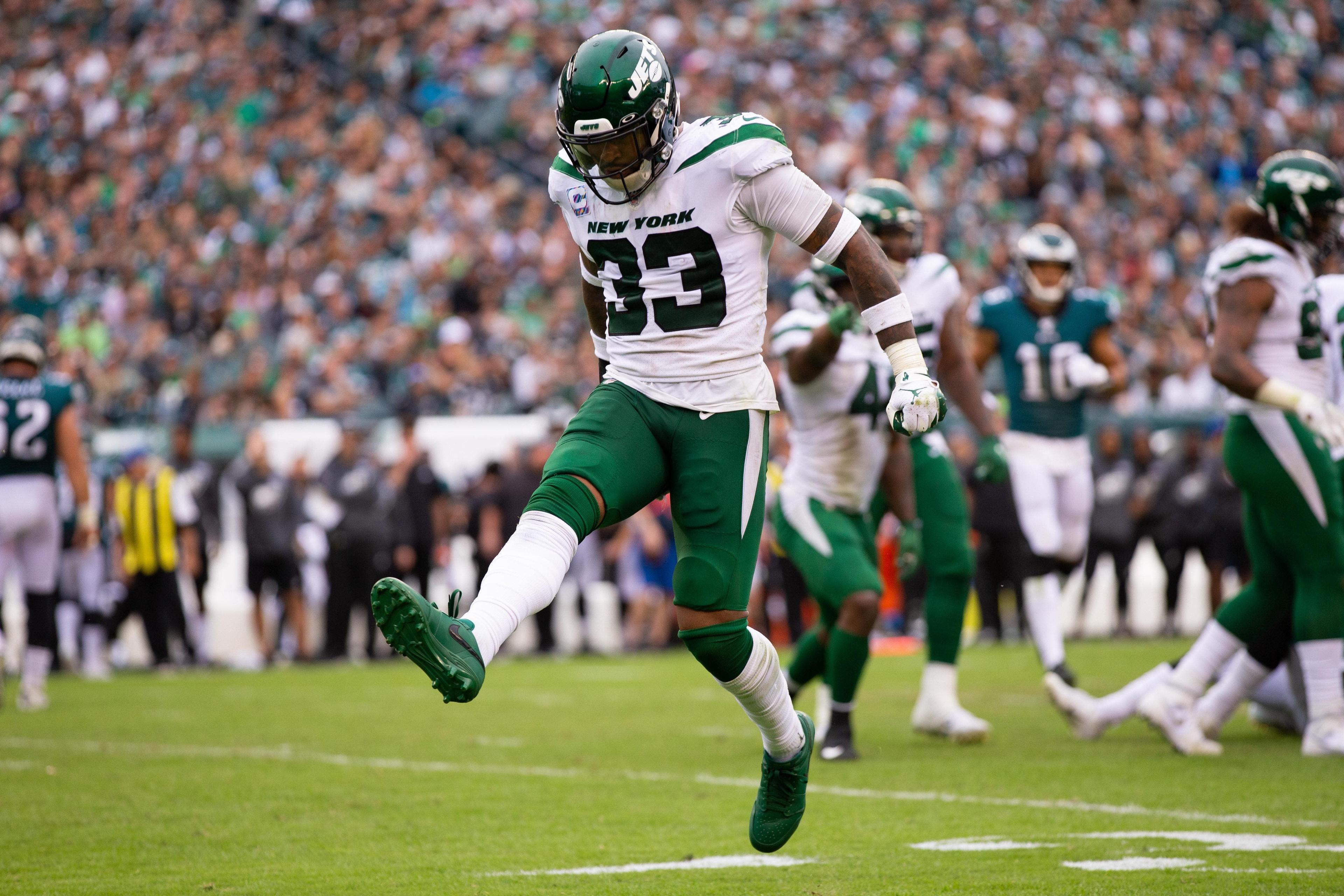 Oct 6, 2019; Philadelphia, PA, USA; New York Jets strong safety Jamal Adams (33) reacts after a stop against the Philadelphia Eagles at Lincoln Financial Field. Mandatory Credit: Bill Streicher-USA TODAY Sports / Bill Streicher