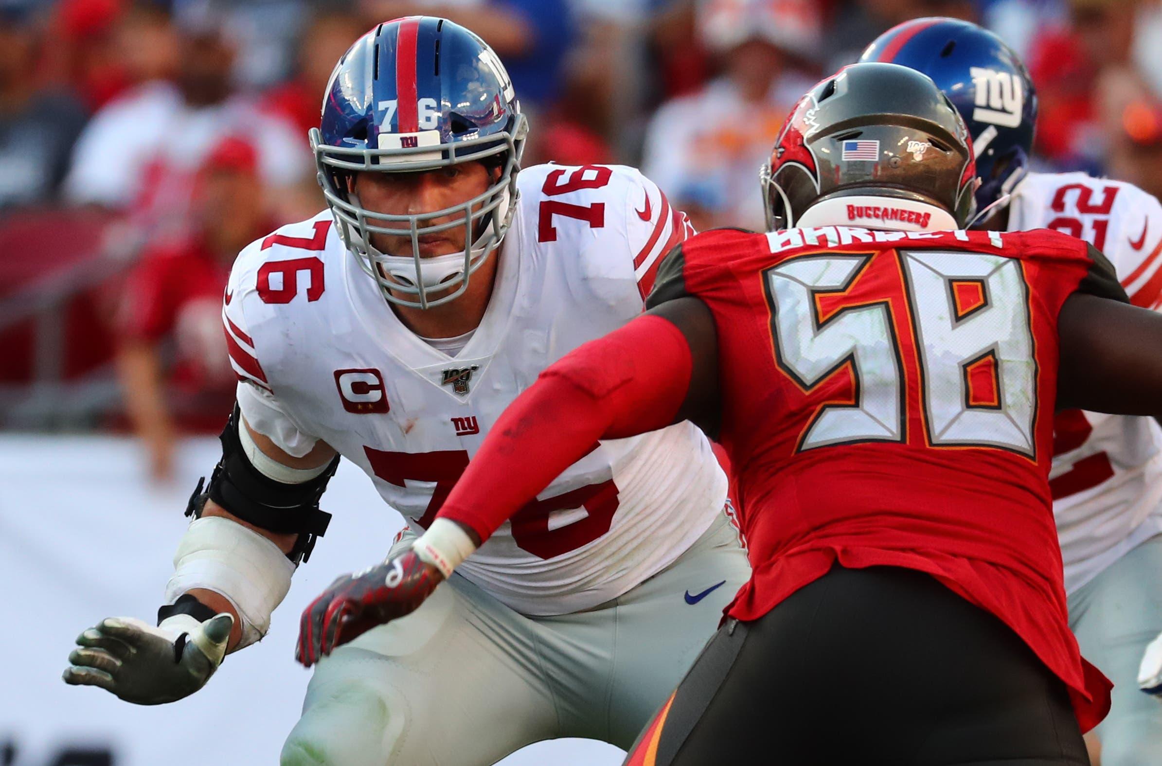 Sep 22, 2019; Tampa, FL, USA;New York Giants offensive tackle Nate Solder (76) blocks during the second half at Raymond James Stadium. Mandatory Credit: Kim Klement-USA TODAY Sports / Kim Klement