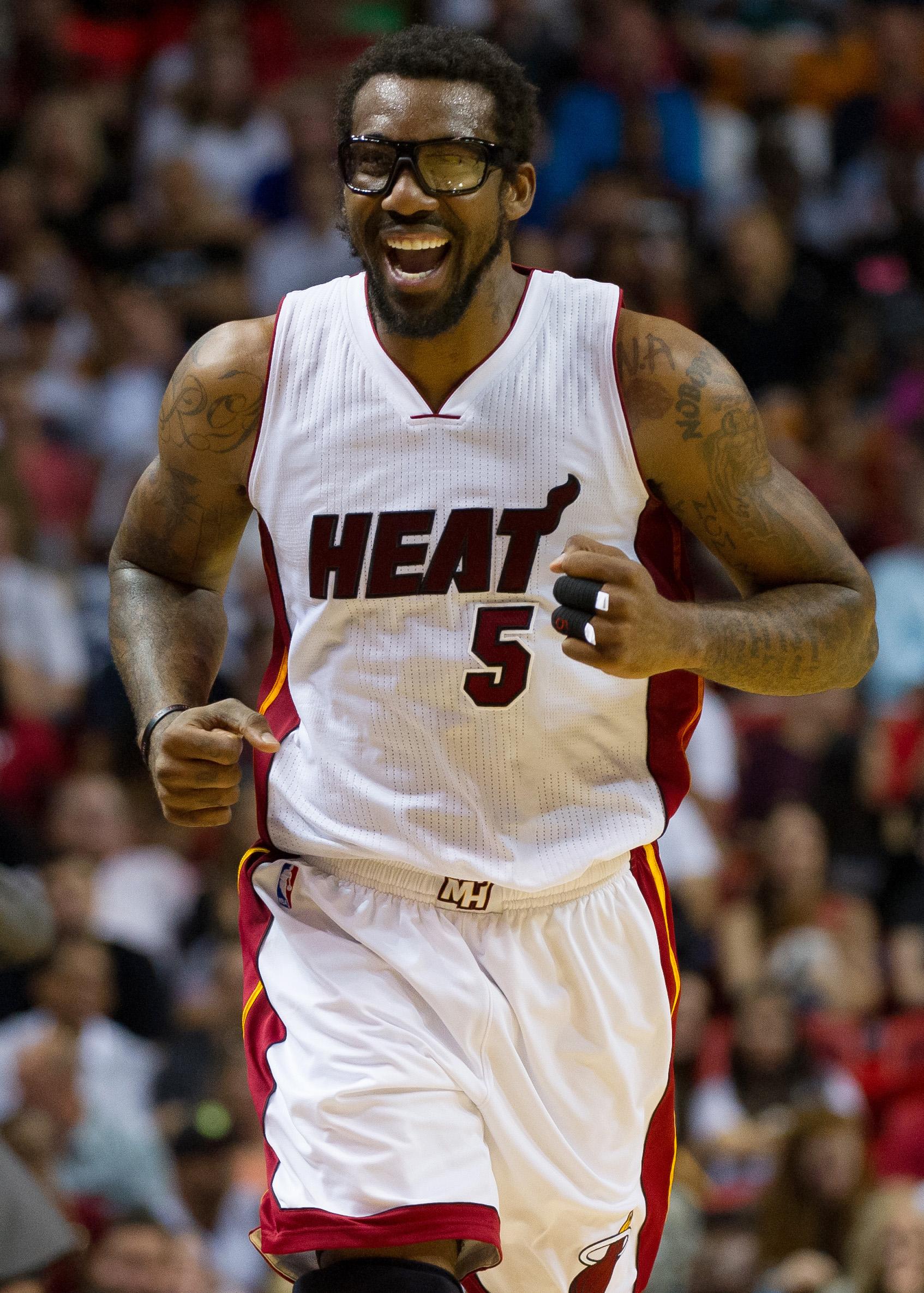 Mar 28, 2016; Miami, FL, USA; Miami Heat forward Amar'e Stoudemire (5) laughs during the second half against the Brooklyn Nets at American Airlines Arena. The Heat won 110-99. Mandatory Credit: Steve Mitchell-USA TODAY Sports