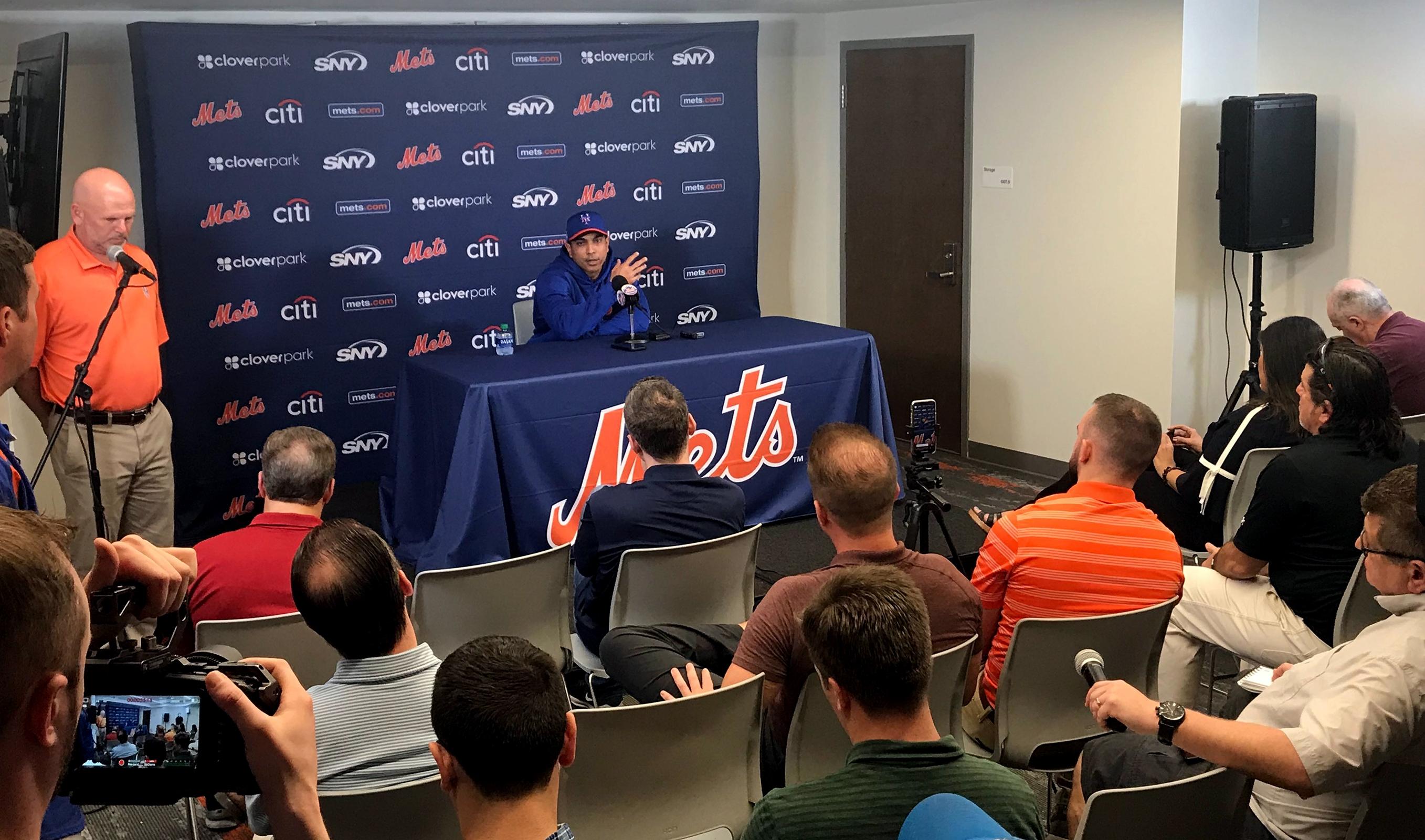 Mets manager Luis Rojas speaks at spring training.