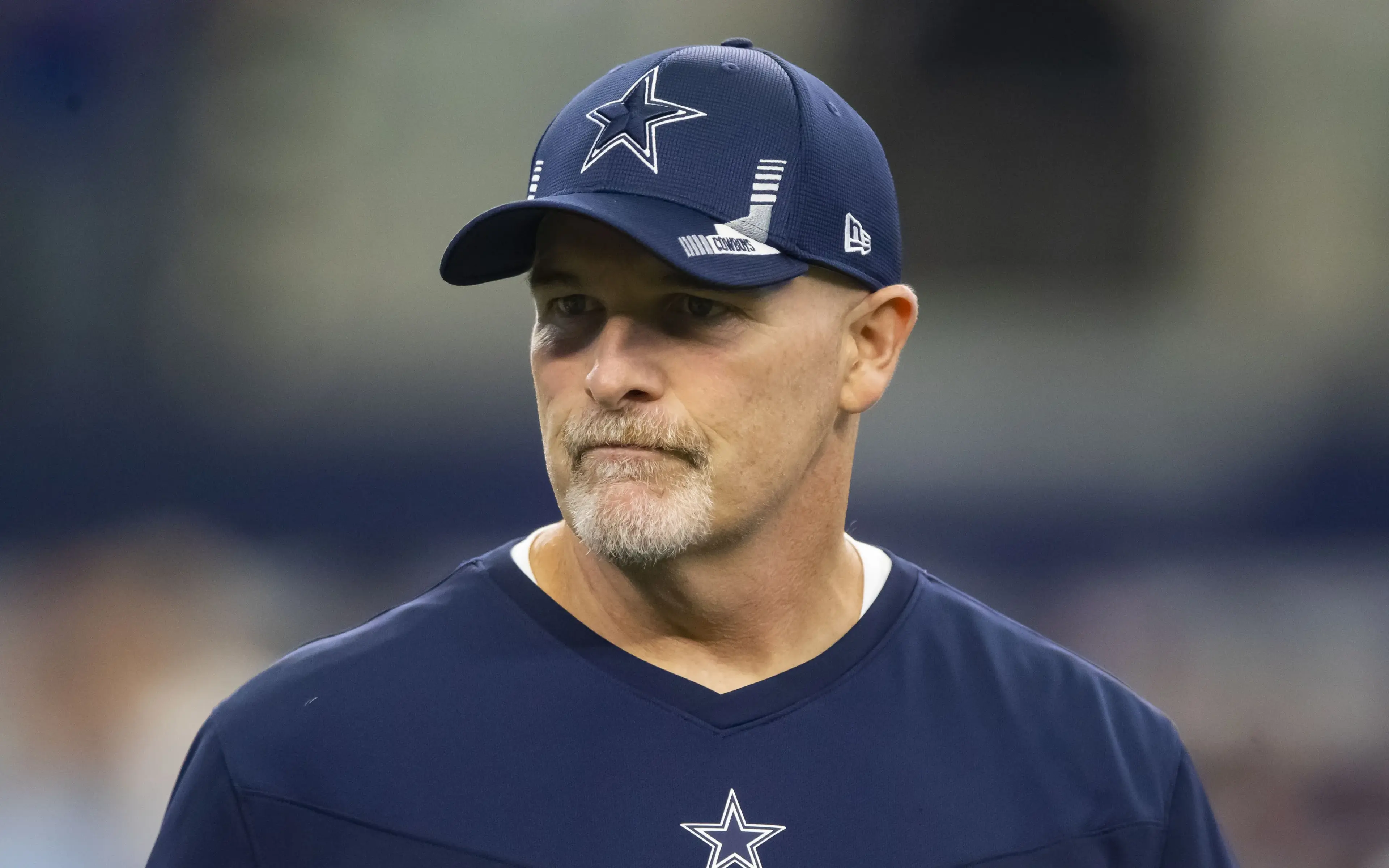 Oct 3, 2021; Arlington, Texas, USA; Dallas Cowboys defensive coordinator Dan Quinn against the Carolina Panthers at AT&T Stadium. Mandatory Credit: Mark J. Rebilas-USA TODAY Sports / © Mark J. Rebilas-USA TODAY Sports