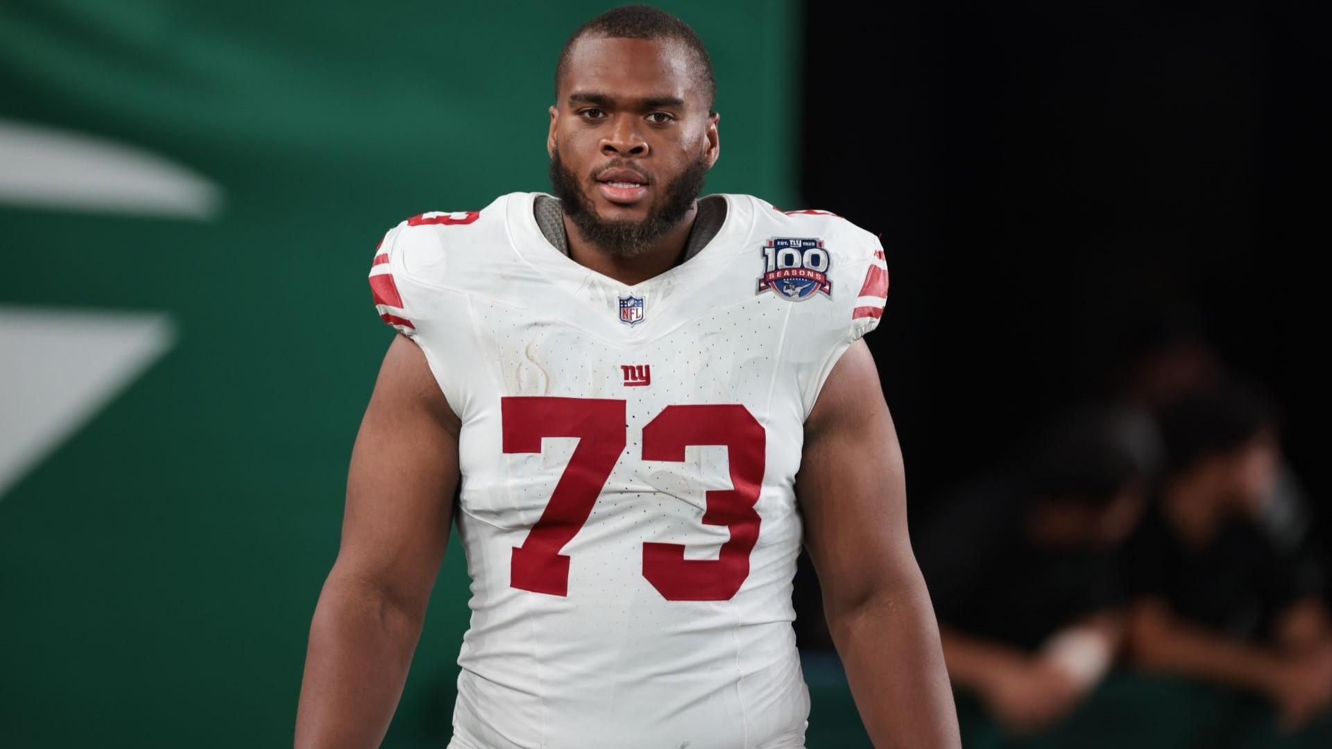 Aug 24, 2024; East Rutherford, New Jersey, USA; New York Giants offensive tackle Evan Neal (73) after the game at MetLife Stadium. 