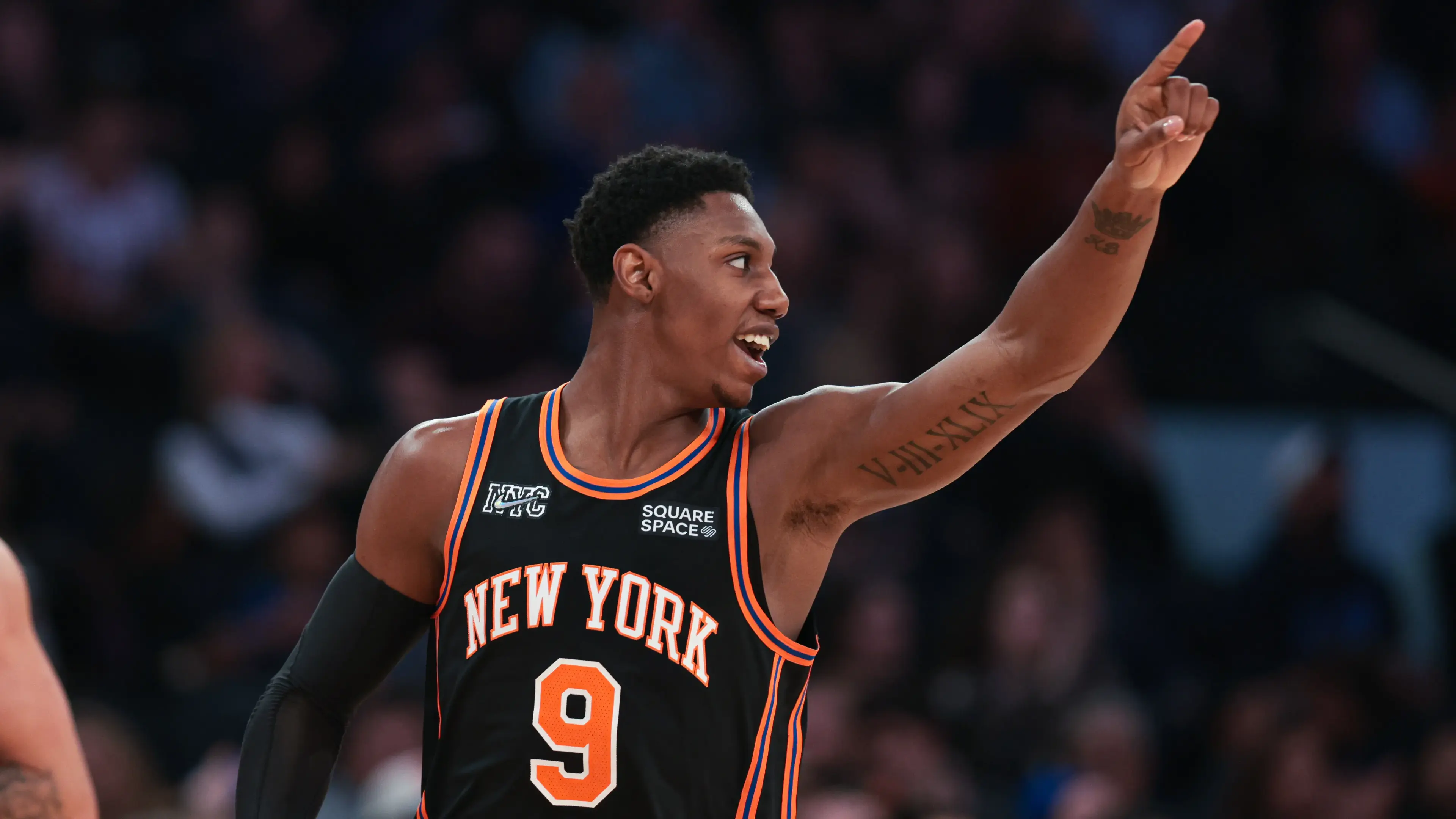 Feb 25, 2022; New York, New York, USA; New York Knicks guard RJ Barrett (9) reacts after a basket against the Miami Heat during the first half at Madison Square Garden. / Vincent Carchietta-USA TODAY Sports