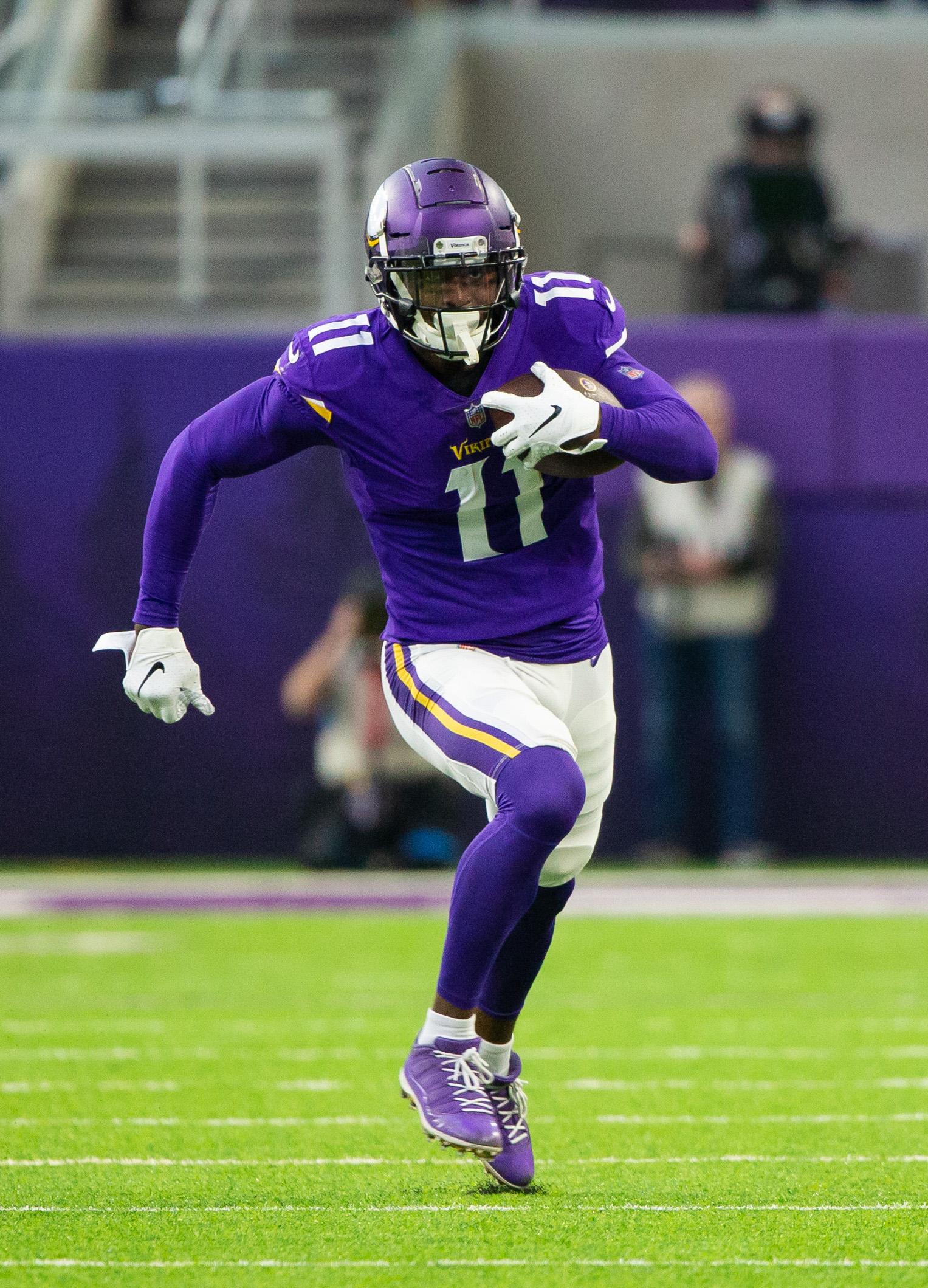 Nov 4, 2018; Minneapolis, MN, USA; Minnesota Vikings wide receiver Laquon Treadwell (11) runs after the catch in the second quarter against Detroit Lions at U.S. Bank Stadium. Mandatory Credit: Brad Rempel-USA TODAY Sports