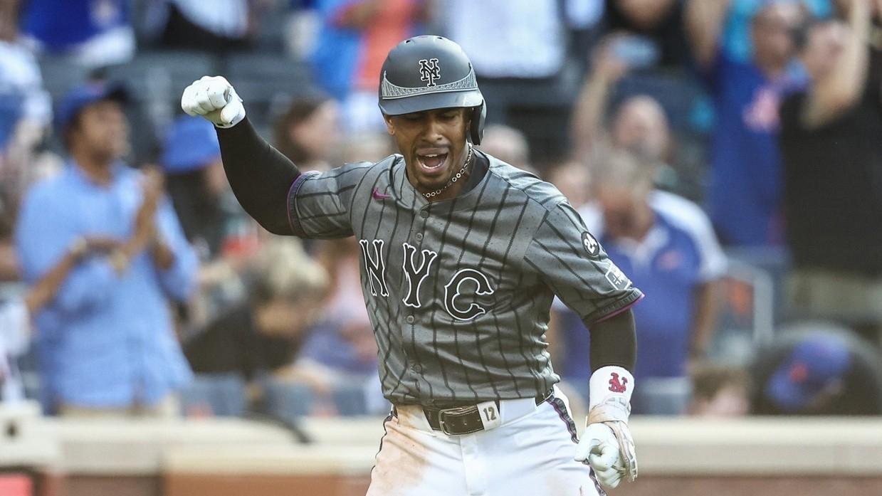 New York Mets shortstop Francisco Lindor (12) celebrates after hitting a three run home run in the eighth inning against the Colorado Rockies at Citi Field.