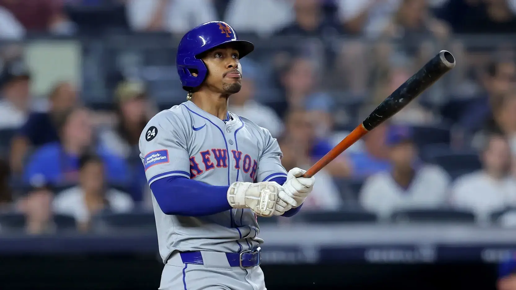 New York Mets shortstop Francisco Lindor (12) watches his two run home run against the New York Yankees during the fifth inning at Yankee Stadium.