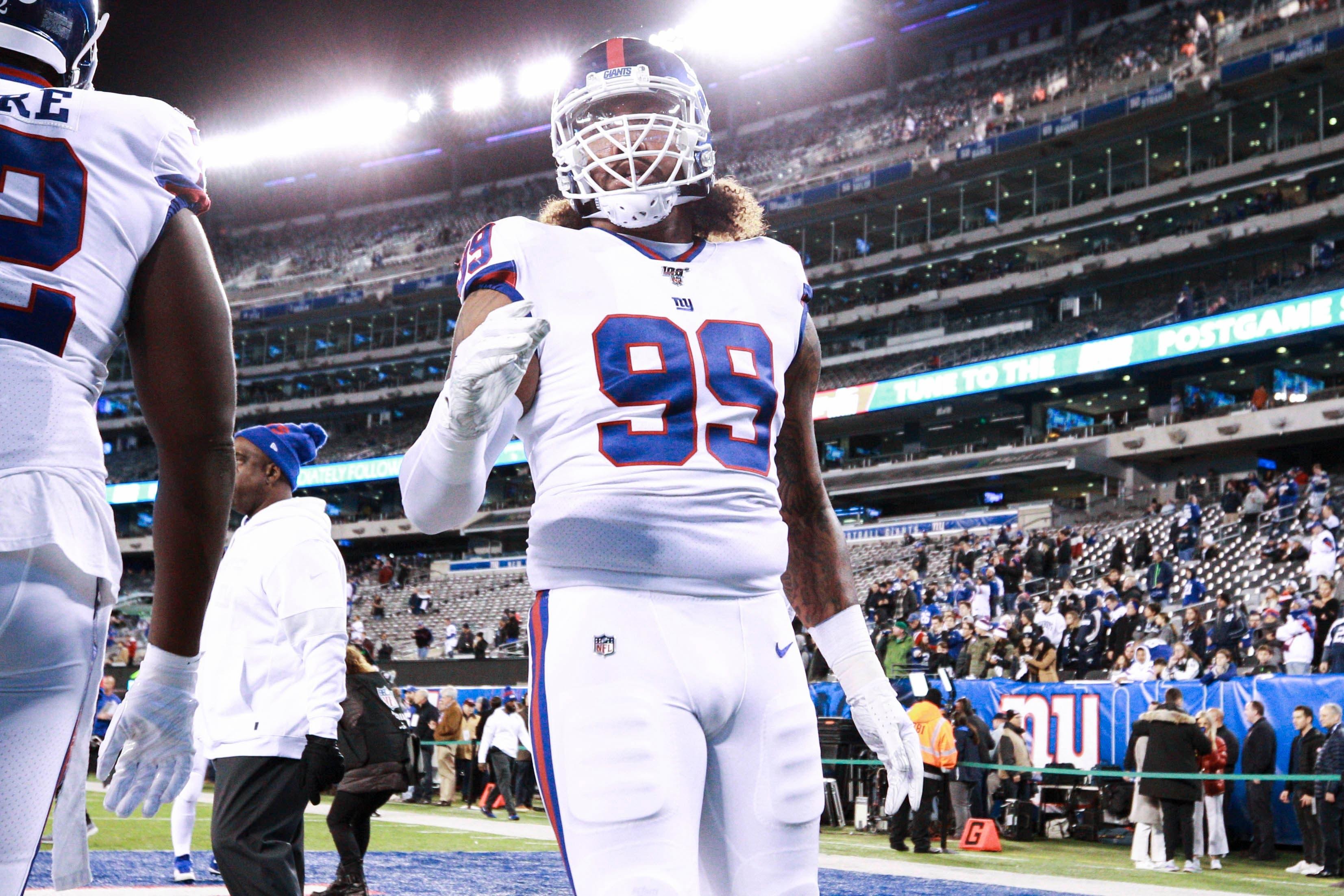 Nov 4, 2019; East Rutherford, NJ, USA; New York Giants defensive end Leonard Williams (99) warms up before a game against the Dallas Cowboys at MetLife Stadium. Mandatory Credit: Brad Penner-USA TODAY Sports / Brad Penner