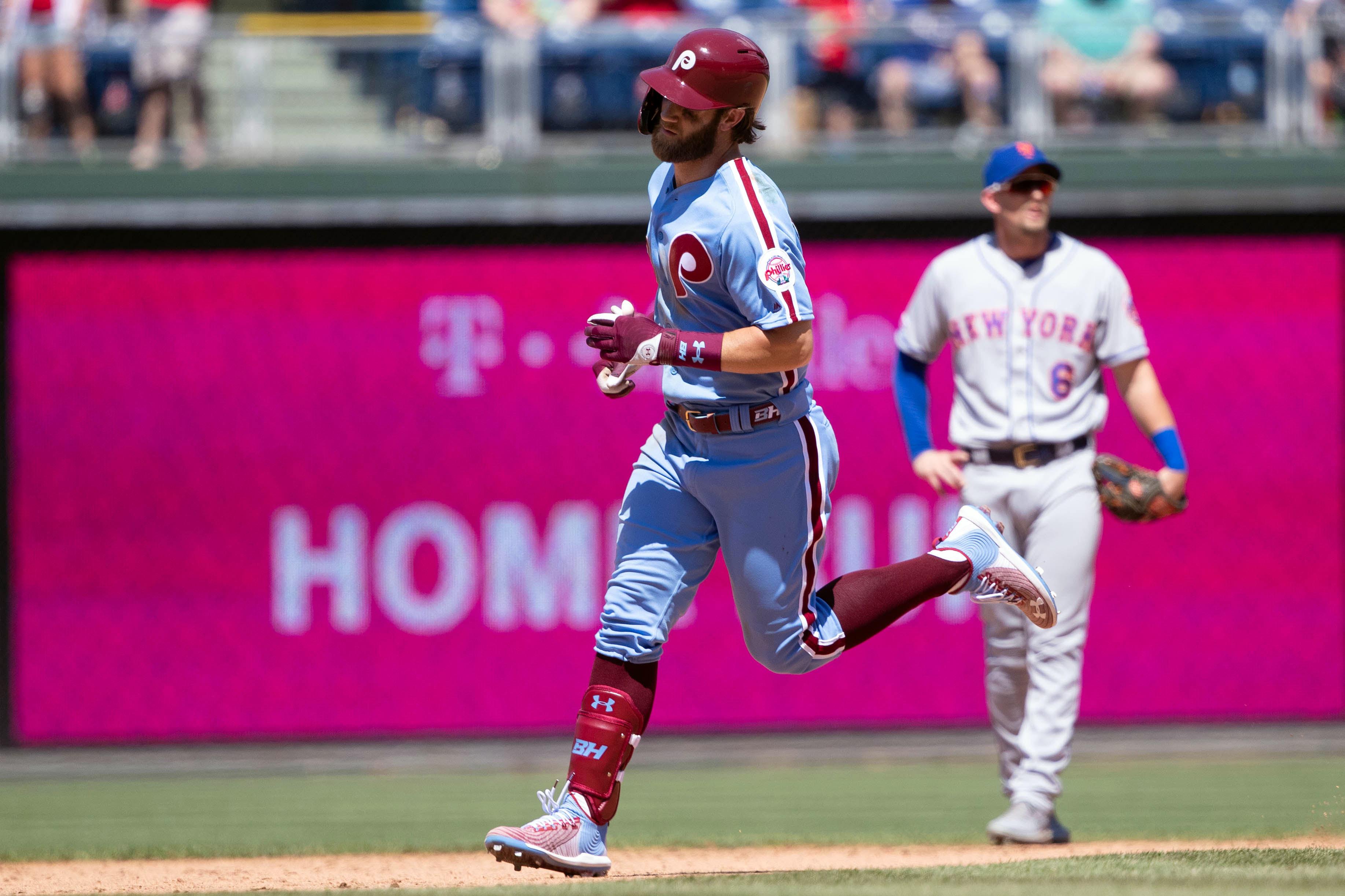 Jun 27, 2019; Philadelphia, PA, USA; Philadelphia Phillies right fielder Bryce Harper (3) runs the bases after hitting a home run during the sixth inning against the New York Mets at Citizens Bank Park. Mandatory Credit: Bill Streicher-USA TODAY Sports