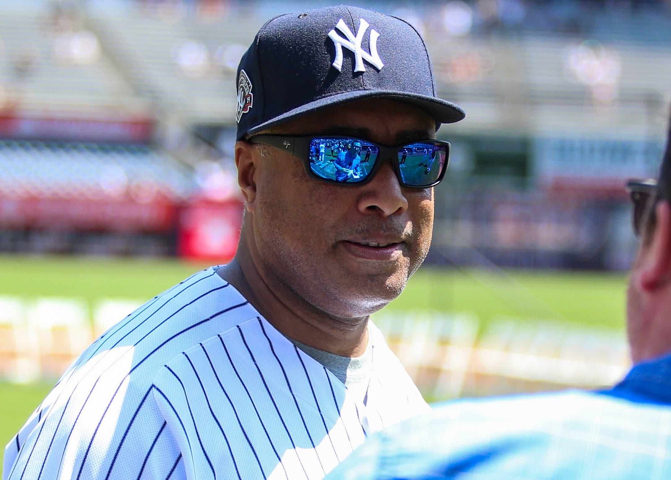 Jun 23, 2019; Bronx, NY, USA; Former New York Yankees outfielder Bernie Williams (51) speaks to the media at the 2019 Yankees Old-Timers' Day at Yankee Stadium. Mandatory Credit: Wendell Cruz-USA TODAY Sports / Wendell Cruz