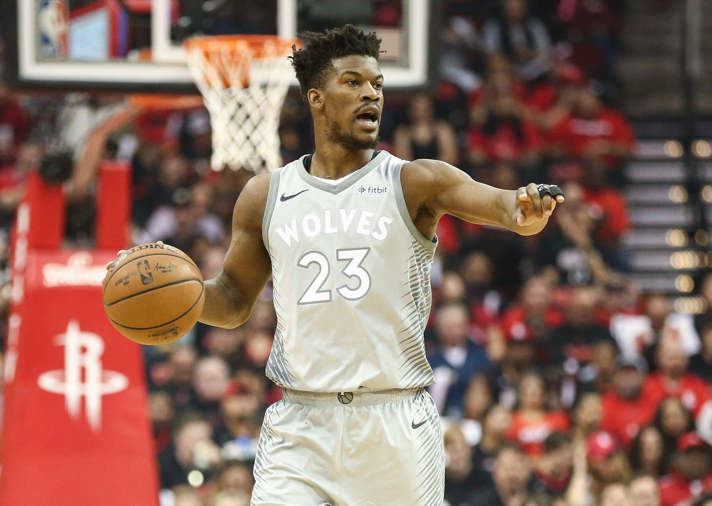 Apr 15, 2018; Houston, TX, USA; Minnesota Timberwolves guard Jimmy Butler (23) dribbles the ball in game one of the first round of the 2018 NBA Playoffs against the Houston Rockets at Toyota Center. Mandatory Credit: Troy Taormina-USA TODAY Sports / Troy Taormina