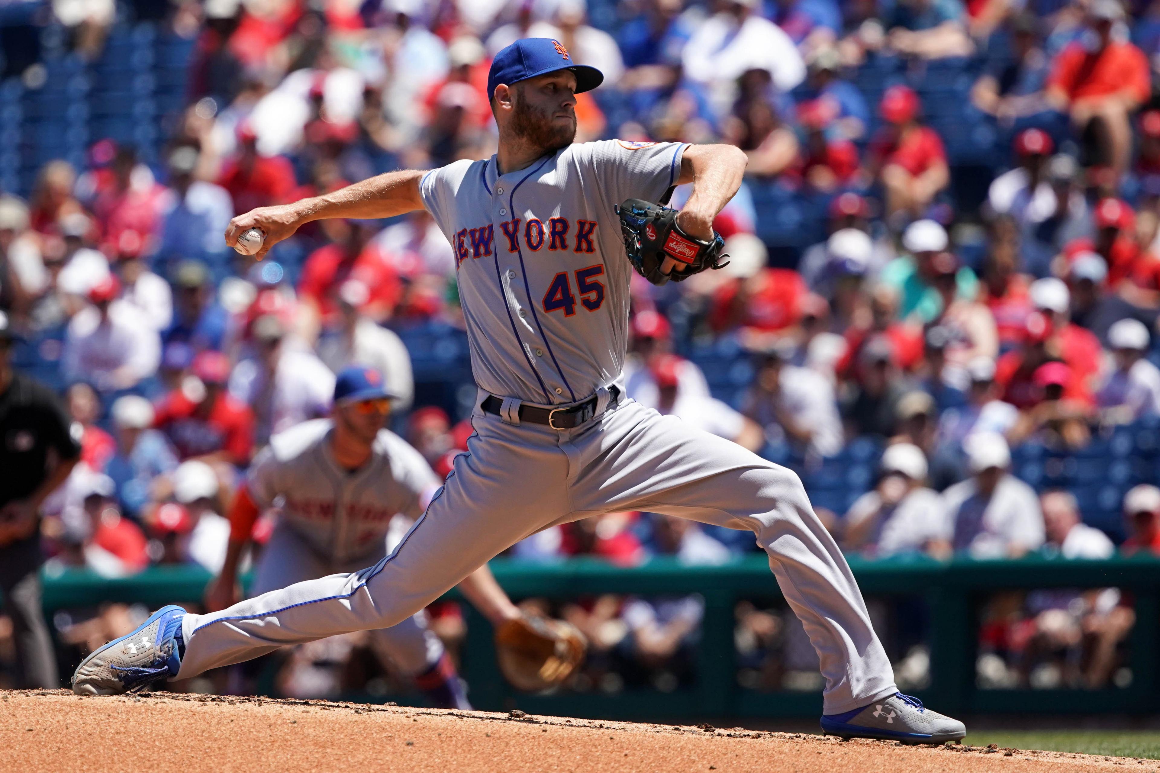 Jun 27, 2019; Philadelphia, PA, USA; New York Mets starting pitcher Zack Wheeler (45) pitches during the first inning against the Philadelphia Phillies at Citizens Bank Park. Mandatory Credit: Bill Streicher-USA TODAY Sports / Bill Streicher