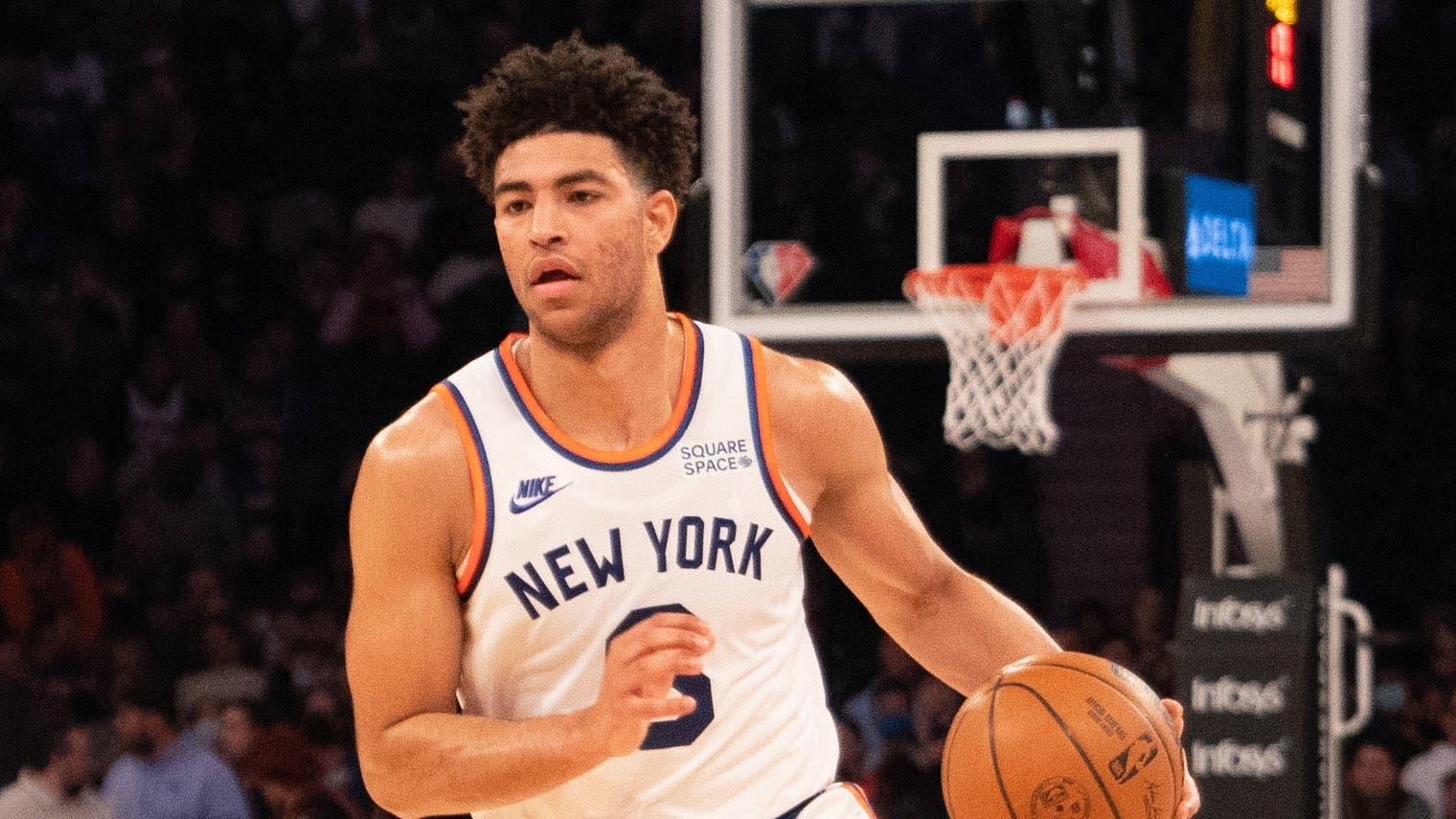 Dec 12, 2021; New York, New York, USA; New York Knicks shooting guard Quentin Grimes (6) dribbles the ball during the first half against the Milwaukee Bucks at Madison Square Garden. / Gregory Fisher-USA TODAY Sports