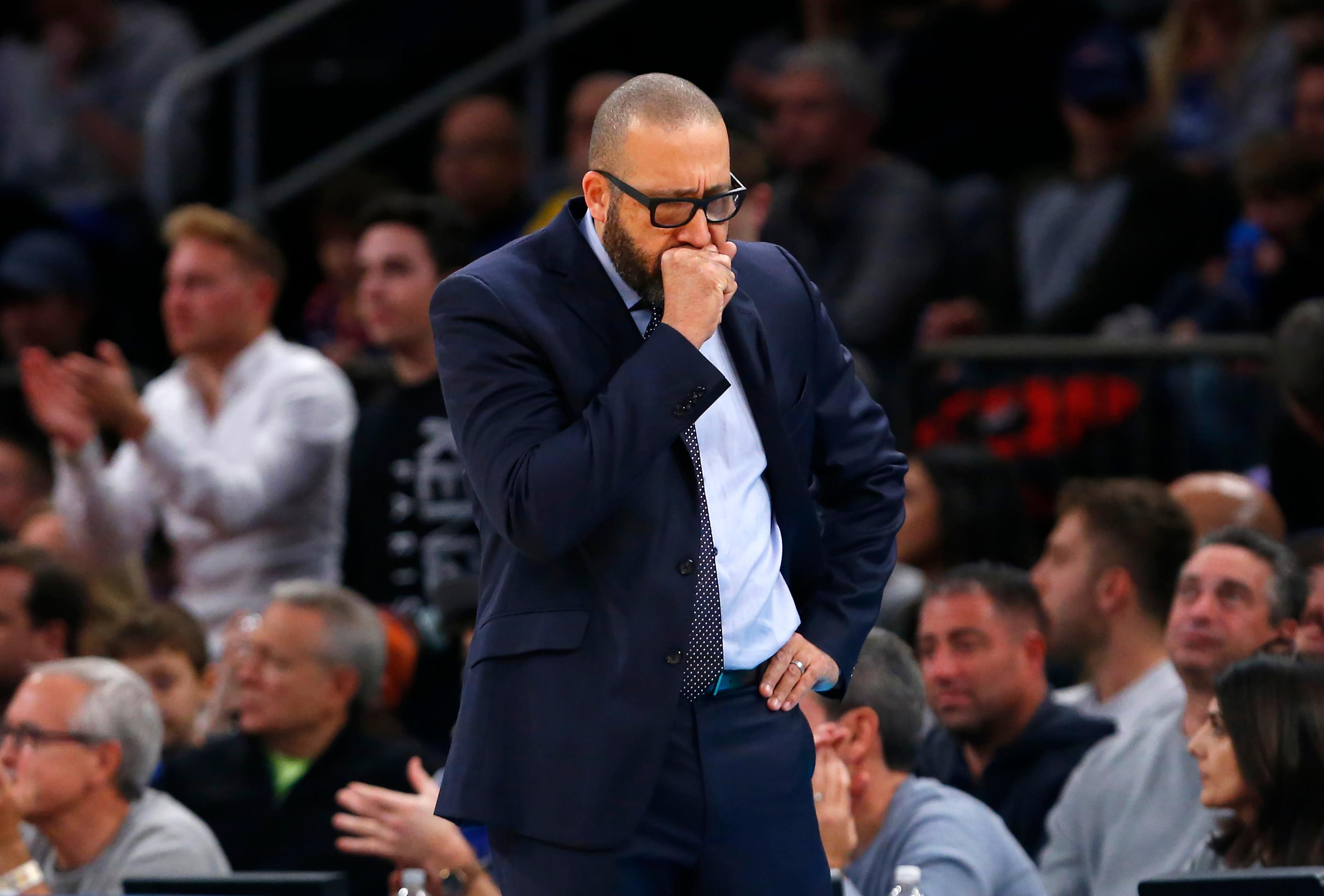 Dec 1, 2019; New York, NY, USA; New York Knicks head coach David Fizdale reacts after a turnover against the Boston Celtics during the second half at Madison Square Garden. Mandatory Credit: Noah K. Murray-USA TODAY Sports / Noah K. Murray