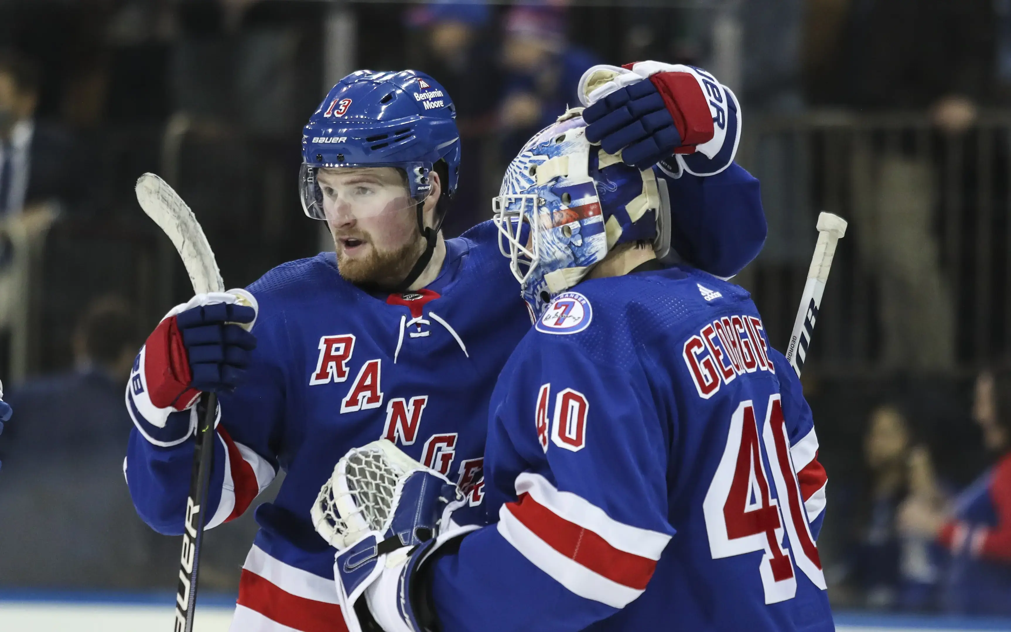 Dec 4, 2021; New York, New York, USA; New York Rangers left wing Alexis Lafreniere (13) celebrates with goalie Alexander Georgiev (40) after defeating the Chicago Blackhawks 3-2 at Madison Square Garden. Mandatory Credit: Wendell Cruz-USA TODAY Sports / © Wendell Cruz-USA TODAY Sports