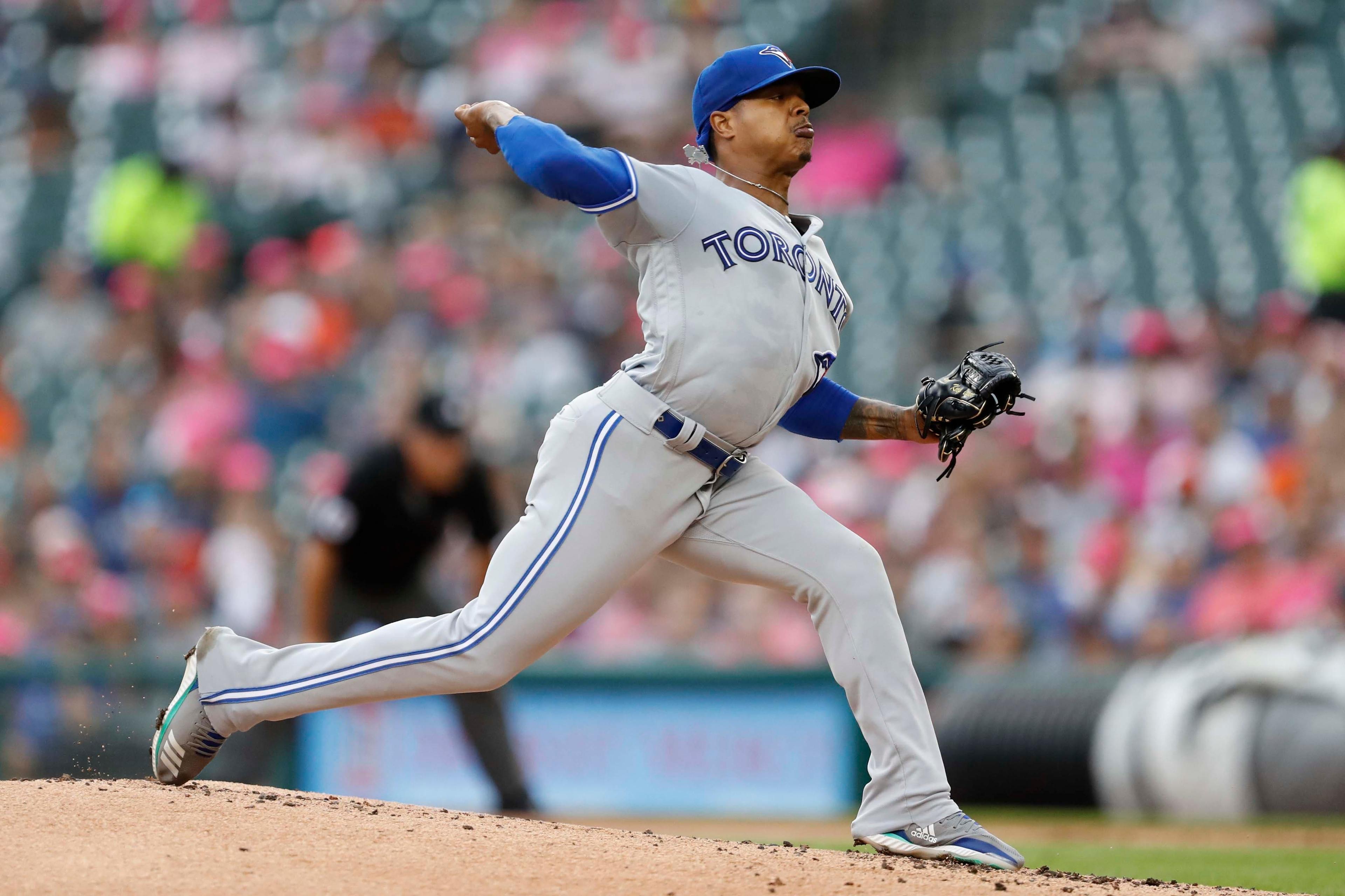 Jul 19, 2019; Detroit, MI, USA; Toronto Blue Jays starting pitcher Marcus Stroman (6) pitches during the first inning against the Detroit Tigers at Comerica Park. Mandatory Credit: Raj Mehta-USA TODAY Sports / Raj Mehta