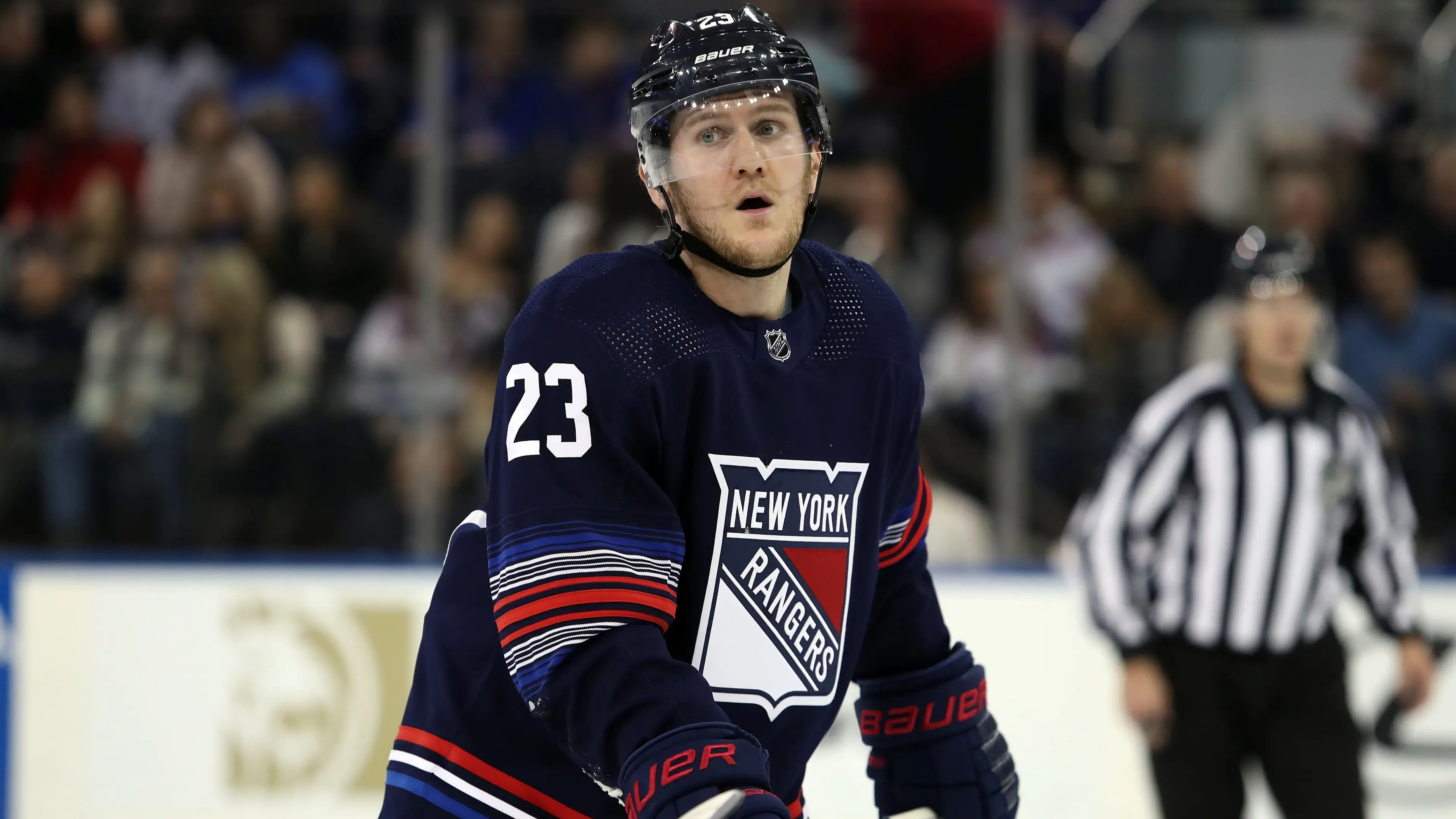 Dec 10, 2023; New York, New York, USA; New York Rangers defenseman Adam Fox (23) skates against the Los Angeles Kings during the first period at Madison Square Garden. Mandatory Credit: Danny Wild-USA TODAY Sports / © Danny Wild-USA TODAY Sports