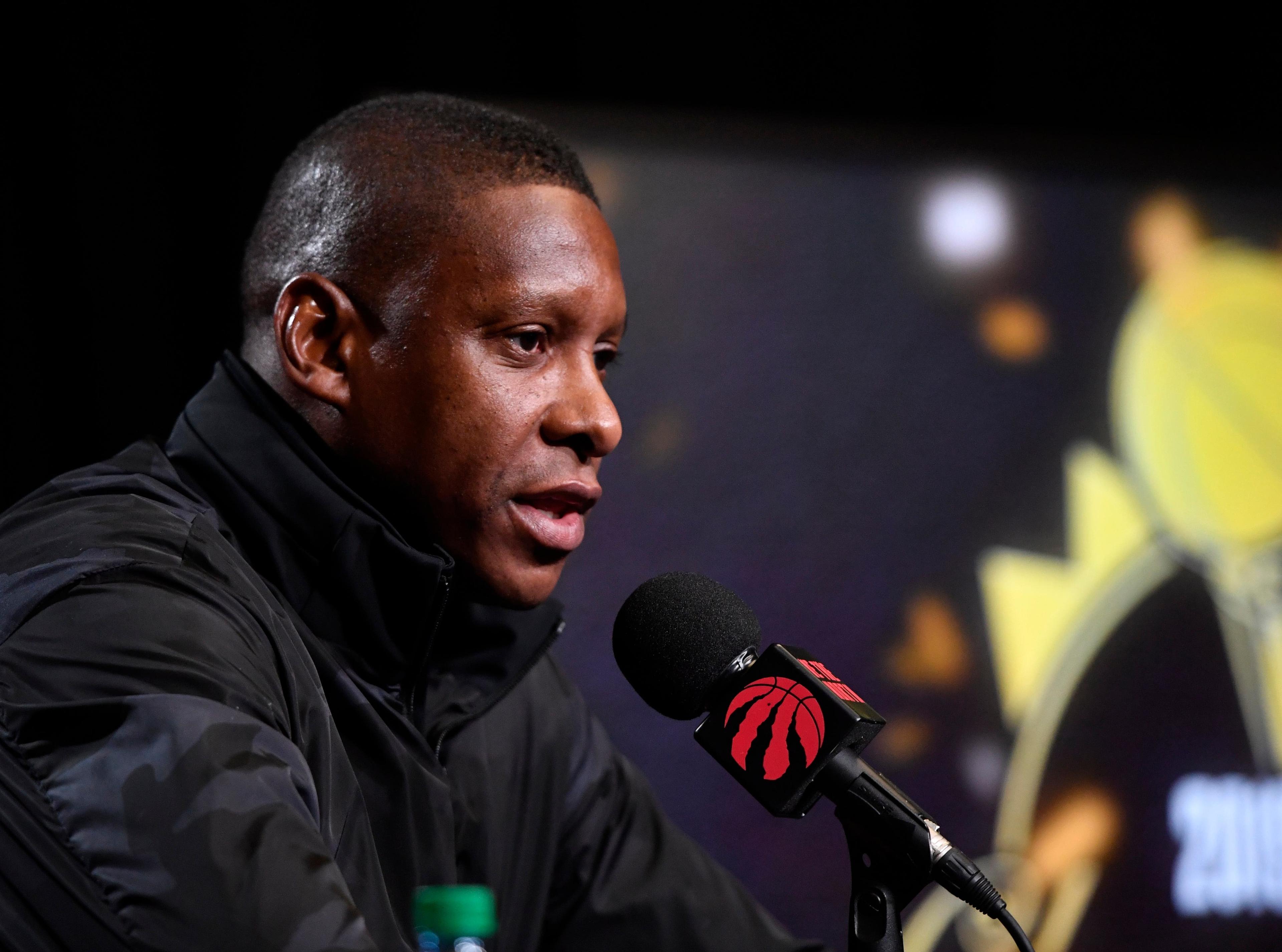 Sep 28, 2019; Toronto, Ontario, Canada; Toronto Raptors president Masai Ujiri talks to the media during Media Day at Scotiabank Arena. Mandatory Credit: Eric Bolte-USA TODAY Sports / Eric Bolte