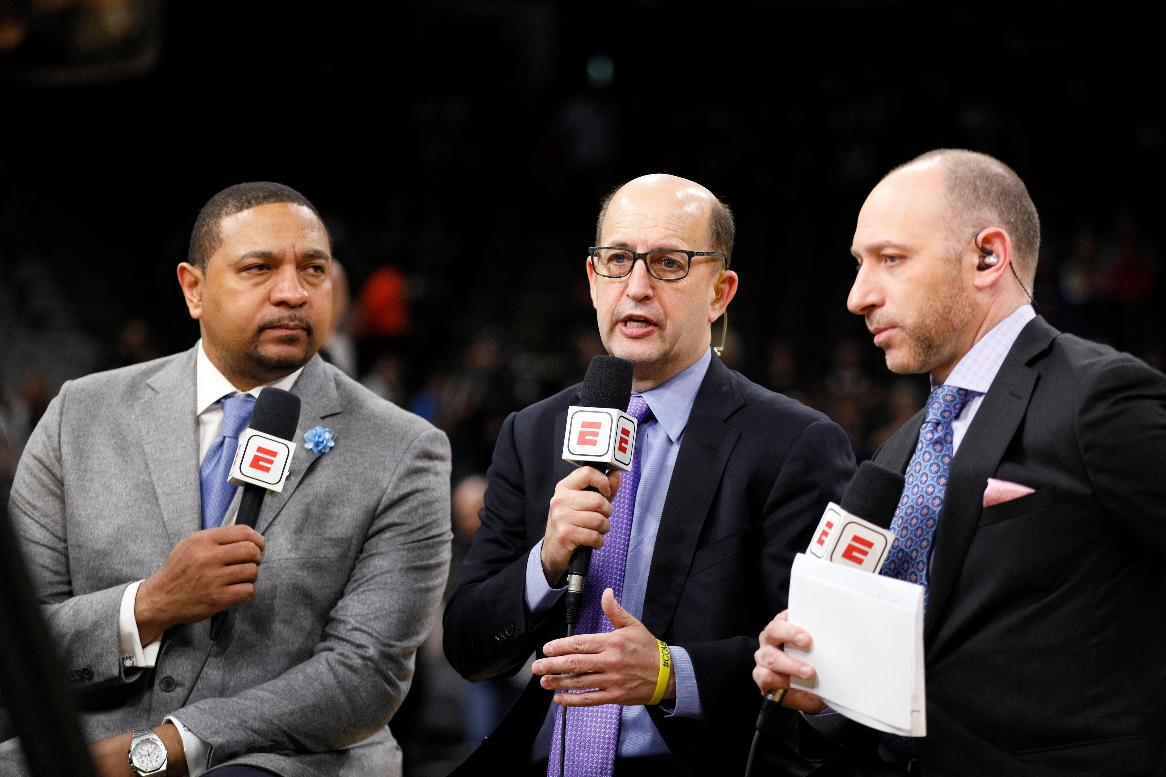 Mar 18, 2019; San Antonio, TX, USA; ESPN announcers Dave Pasch (right), Jeff Van Gundy (center), and Mark Jackson (left) prior to the game between the San Antonio Spurs and the Golden State Warriors
at AT&T Center. Mandatory Credit: Soobum Im-USA TODAY Sports / Soobum Im