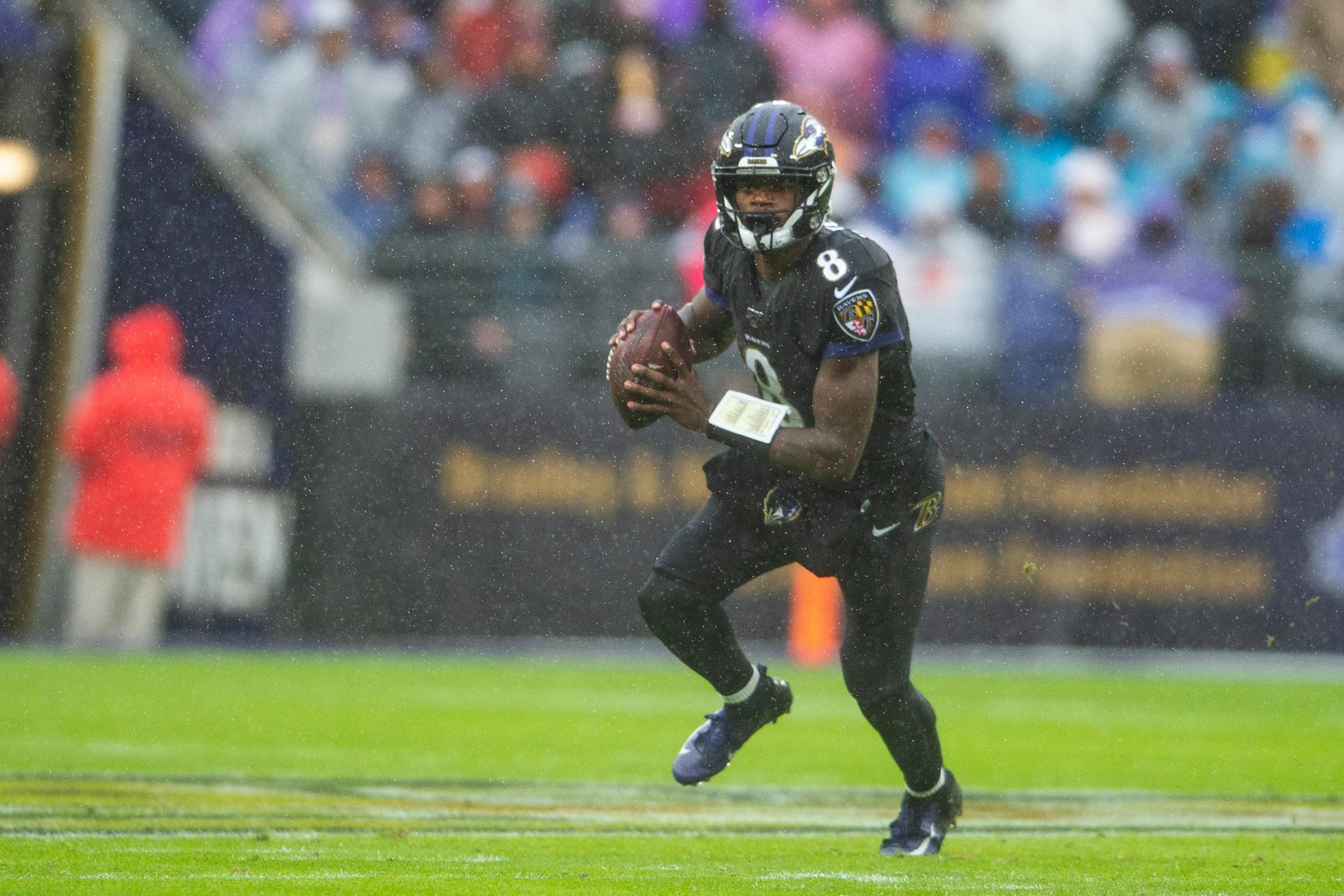 Dec 1, 2019; Baltimore, MD, USA; Baltimore Ravens quarterback Lamar Jackson (8) runs during the second quarter against the San Francisco 49ers at M&T Bank Stadium. Mandatory Credit: Tommy Gilligan-USA TODAY Sports