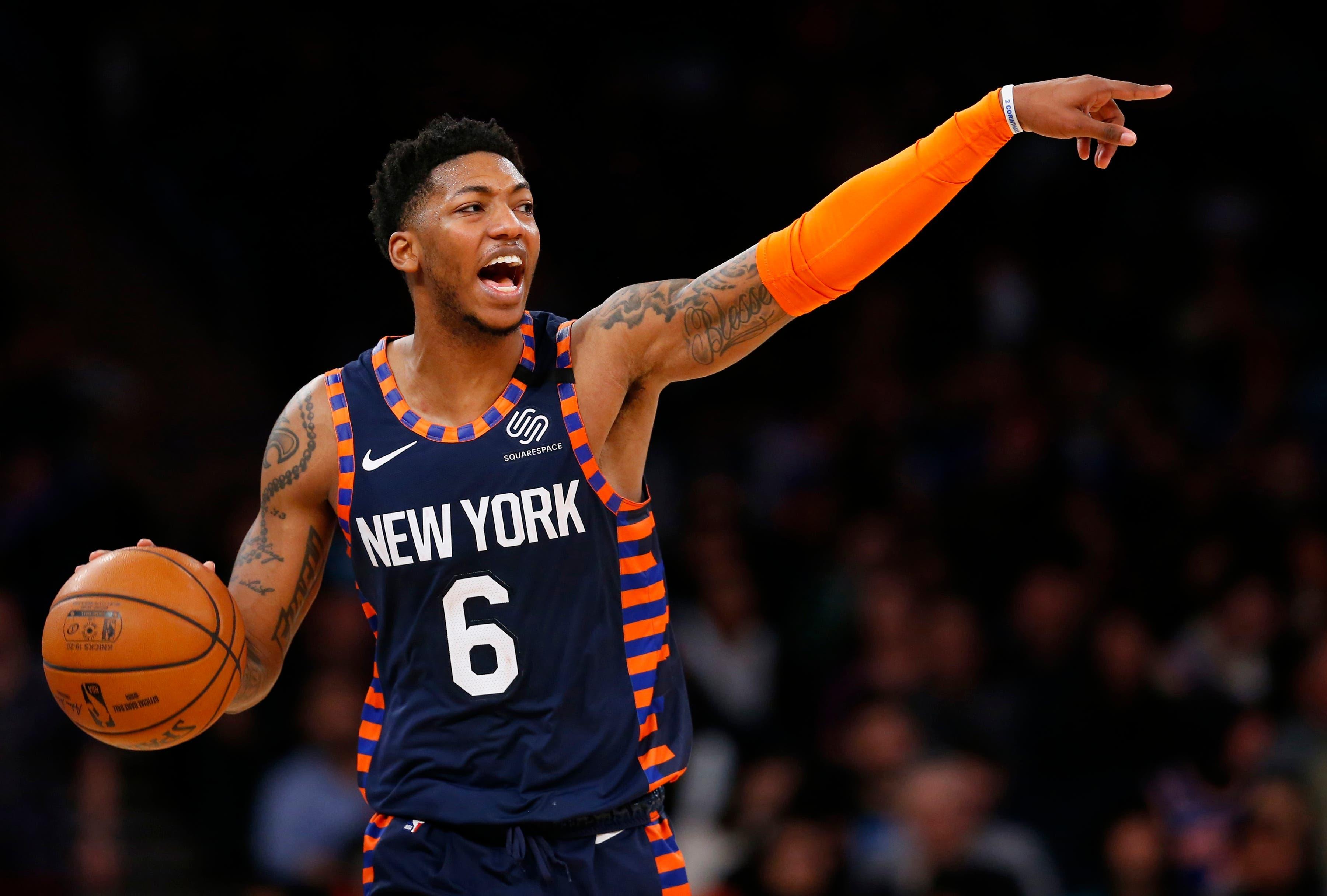 Mar 8, 2020; New York, New York, USA; New York Knicks guard Elfrid Payton (6) dribbles the ball against the Detroit Pistons during the second half at Madison Square Garden. Mandatory Credit: Noah K. Murray-USA TODAY Sports / Noah K. Murray