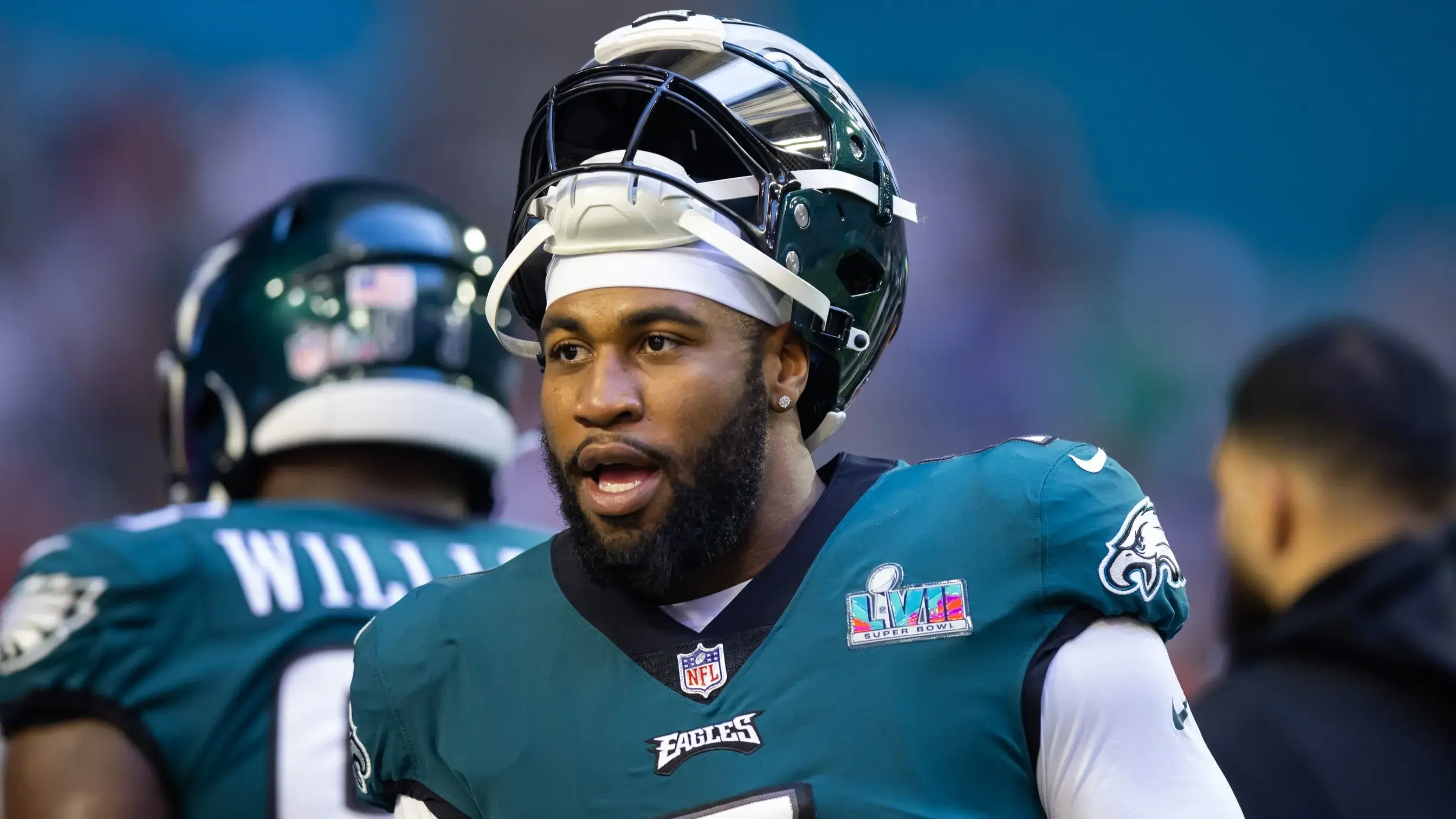 Feb 12, 2023; Glendale, Arizona, US; Philadelphia Eagles linebacker Haason Reddick (7) against the Kansas City Chiefs during Super Bowl LVII at State Farm Stadium. / Mark J. Rebilas-USA TODAY Sports