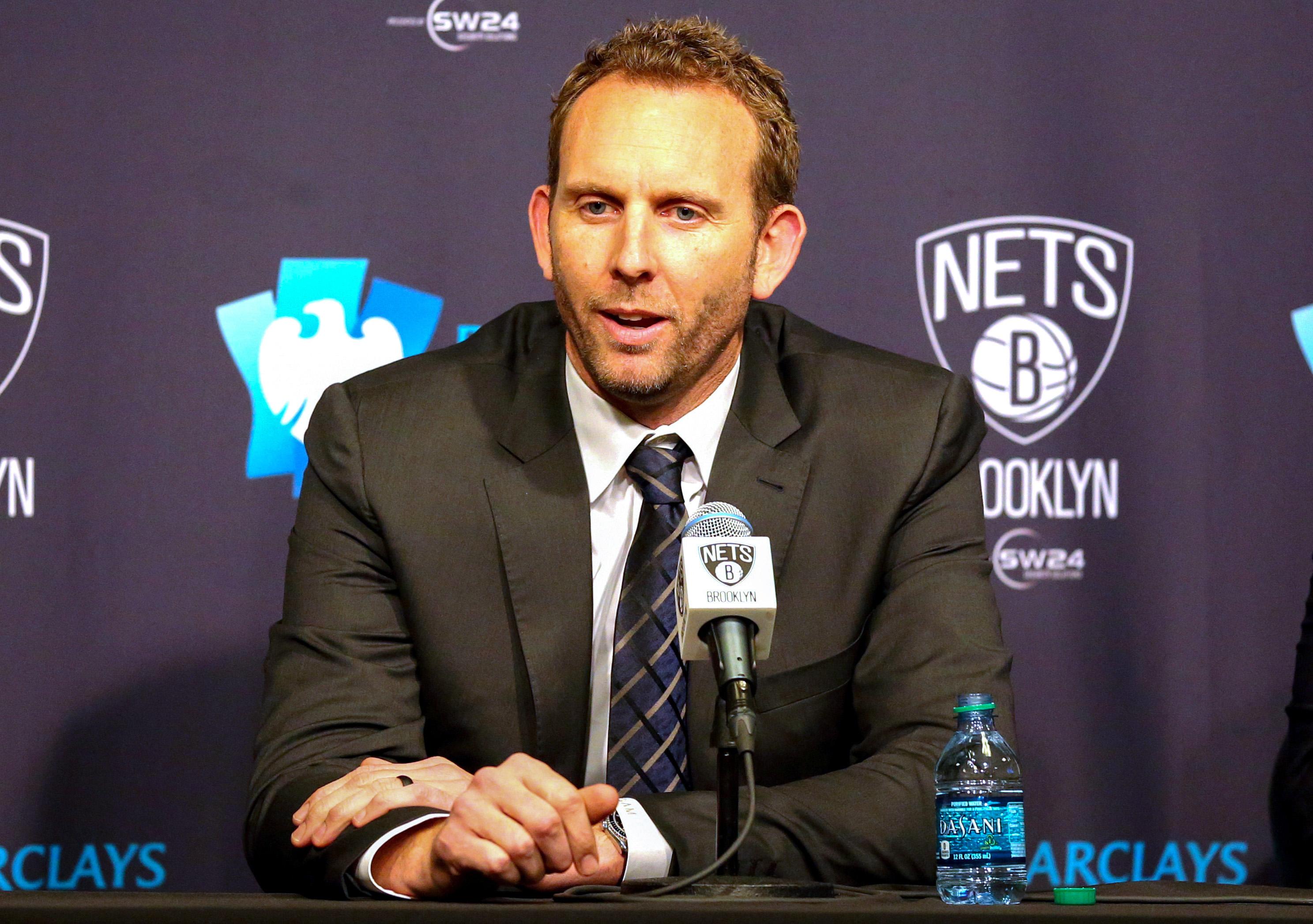 Mar 24, 2016; Brooklyn, NY, USA; Sean Marks general manager of the Brooklyn Nets talks at a press conference announcing the Long Island Nets D League team before the game against the Cleveland Cavaliers at Barclays Center. Mandatory Credit: Anthony Gruppuso-USA TODAY Sports
