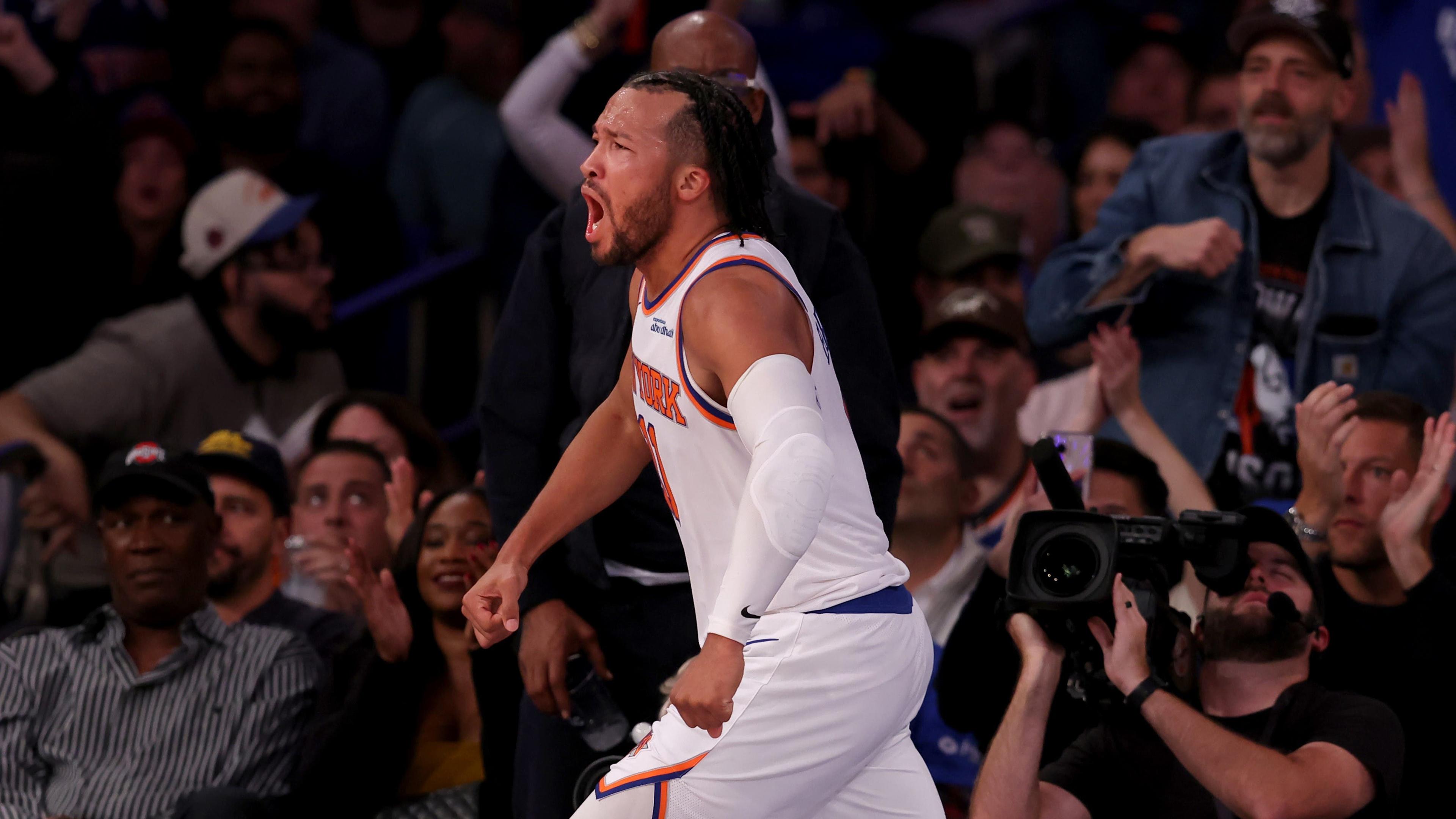 Oct 25, 2024; New York, New York, USA; New York Knicks guard Jalen Brunson (11) reacts during the second quarter against the Indiana Pacers at Madison Square Garden. Mandatory Credit: Brad Penner-Imagn Images