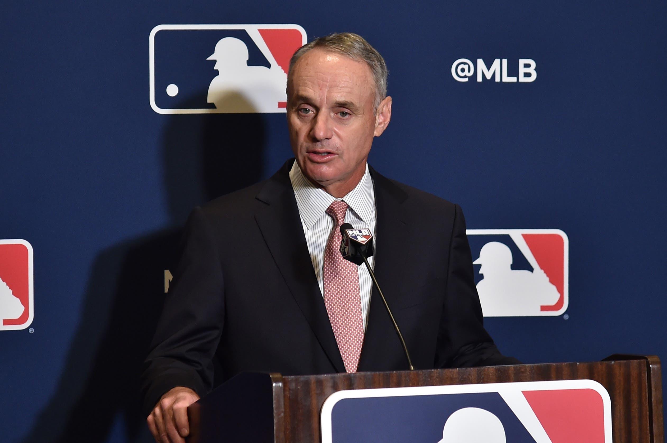 Feb 17, 2019; West Palm Beach, FL, USA; MLB commissioner Rob Manfred addresses representatives from the grapefruit league during the annual spring training media day at Hilton in West Palm Beach. Mandatory Credit: Steve Mitchell-USA TODAY Sports / Steve Mitchell