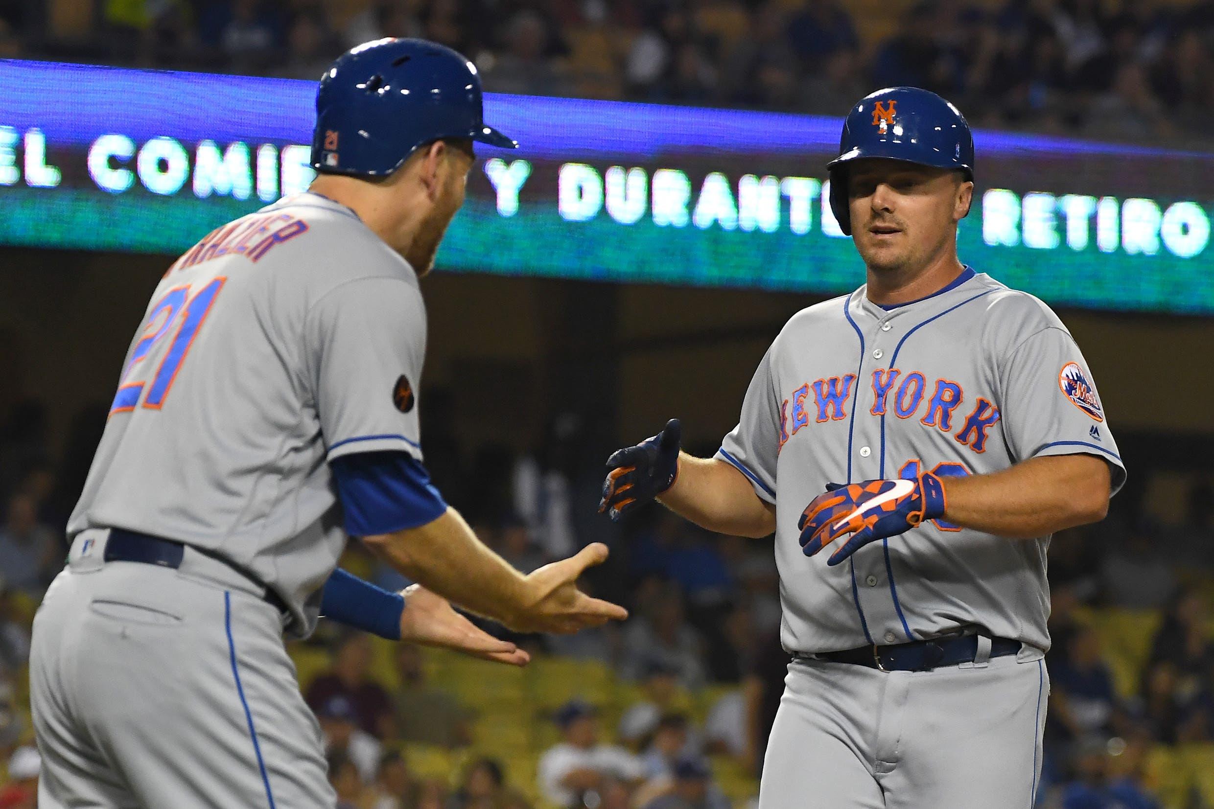 Sep 4, 2018; Los Angeles, CA, USA; New York Mets right fielder Jay Bruce (19) is greeted by New York Mets third baseman Todd Frazier (21) as he crosses the plate after hitting a two run home run in the first inning against the Los Angeles Dodgers at Dodger Stadium. Mandatory Credit: Jayne Kamin-Oncea-USA TODAY Sports / Jayne Kamin-Oncea