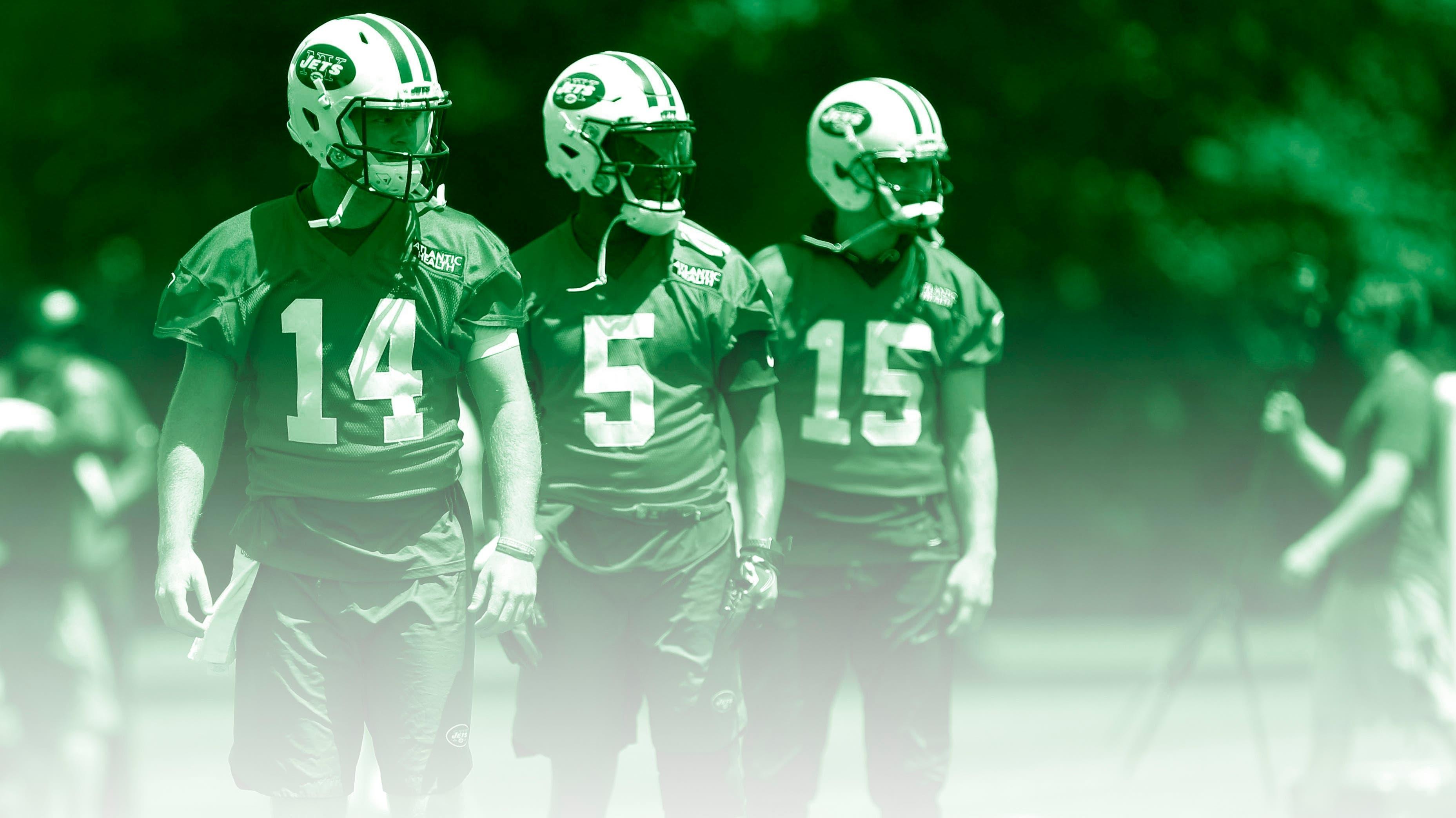 Jun 12, 2018; Florham Park, NJ, USA; New York Jets quarterbacks Sam Darnold (14) Teddy Bridgewater (5) and Josh McCown (15) during New York Jets mini camp at Atlantic Health Jets Training Center. Mandatory Credit: Noah K. Murray-USA TODAY Sports / Noah K. Murray