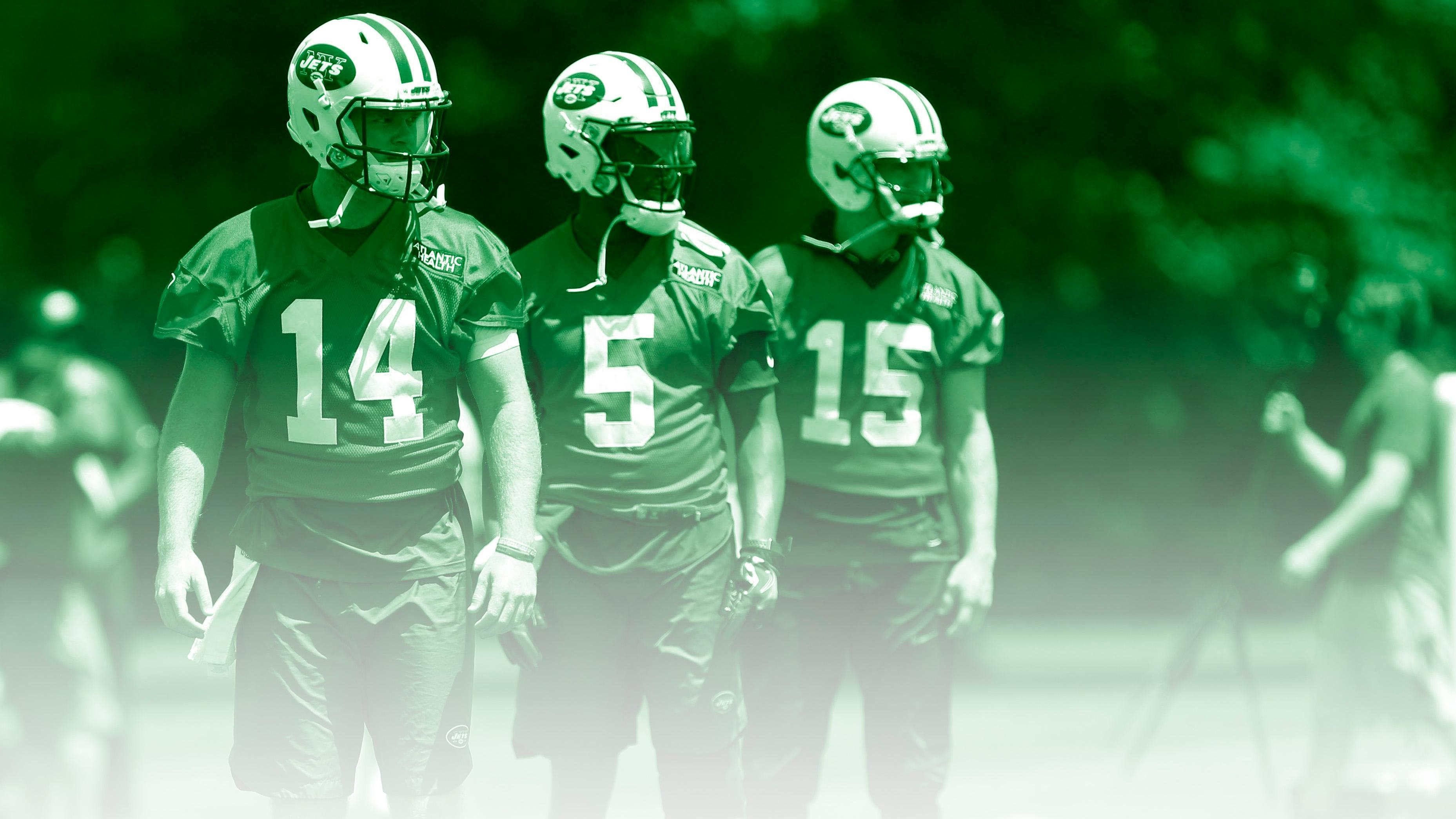 Jun 12, 2018; Florham Park, NJ, USA; New York Jets quarterbacks Sam Darnold (14) Teddy Bridgewater (5) and Josh McCown (15) during New York Jets mini camp at Atlantic Health Jets Training Center. Mandatory Credit: Noah K. Murray-USA TODAY Sports